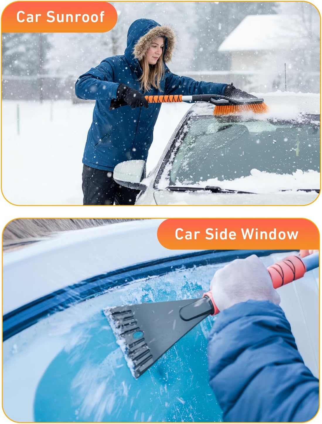 EcoNour 27" Aluminum Car Snow Scraper and Brush (Orange) | Weaved Bristle Head with Metal Body Ice Scraper for Car Windshield | Tough Ice Scraper with Ergonomic Foam Grip Winter Accessory | 2 Pack