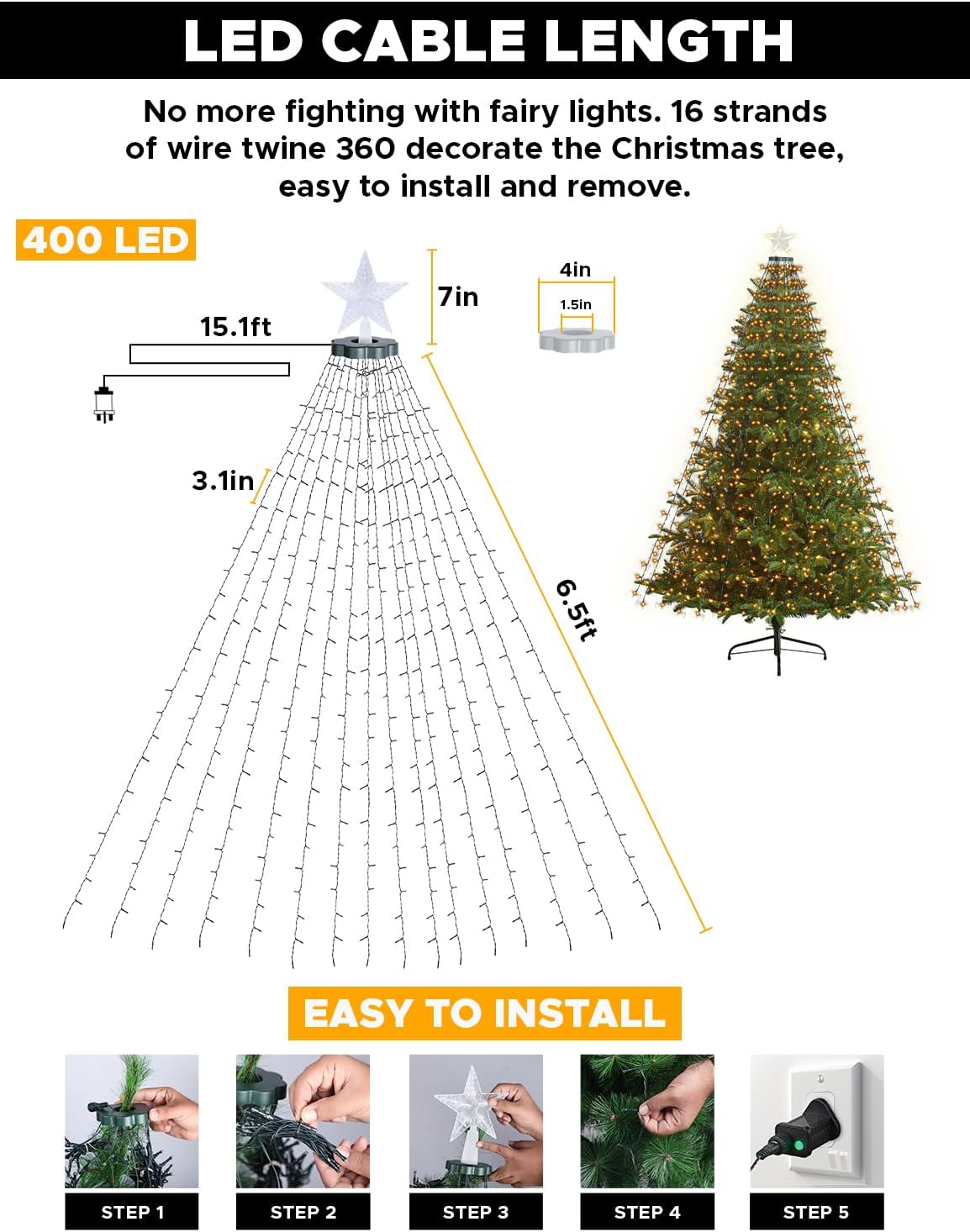 EcoNour 2m Cluster Tree Lights | 400 LED String Lights with Ring and 16 Garlands | 8 Modes LED String Lights for Christmas Trees (210cm & 240cm) | Warm White Light for Indoor and Outdoor Use