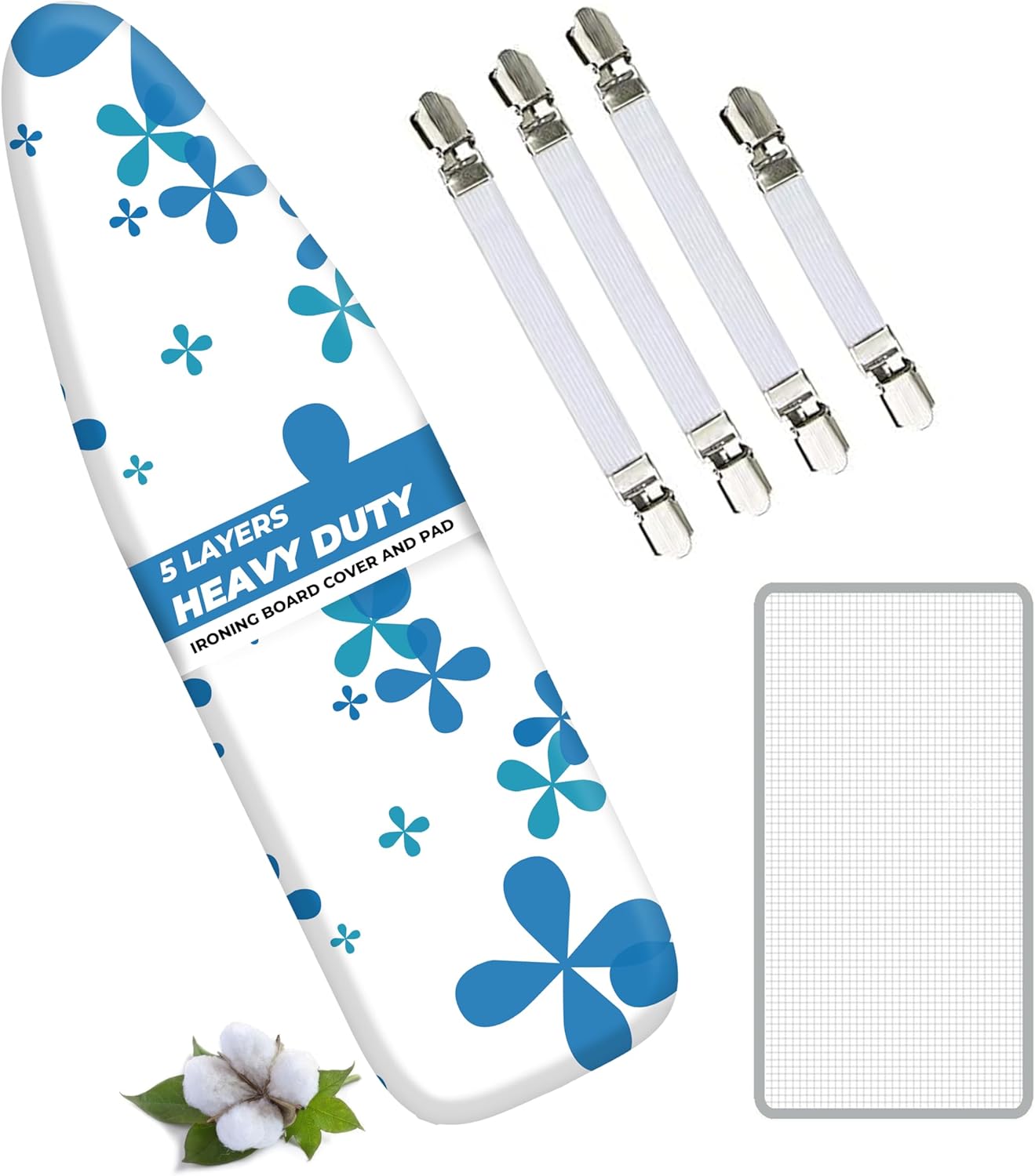 EcoNour Ironing Board Covers 124 x 38 cm Extra Thick 7mm Padding, 100% Cotton Top Covers Easy-Fit for Protecting Ironing Board Cover Complete Set with 4 Strings and Scorch Resistant Padding - Large