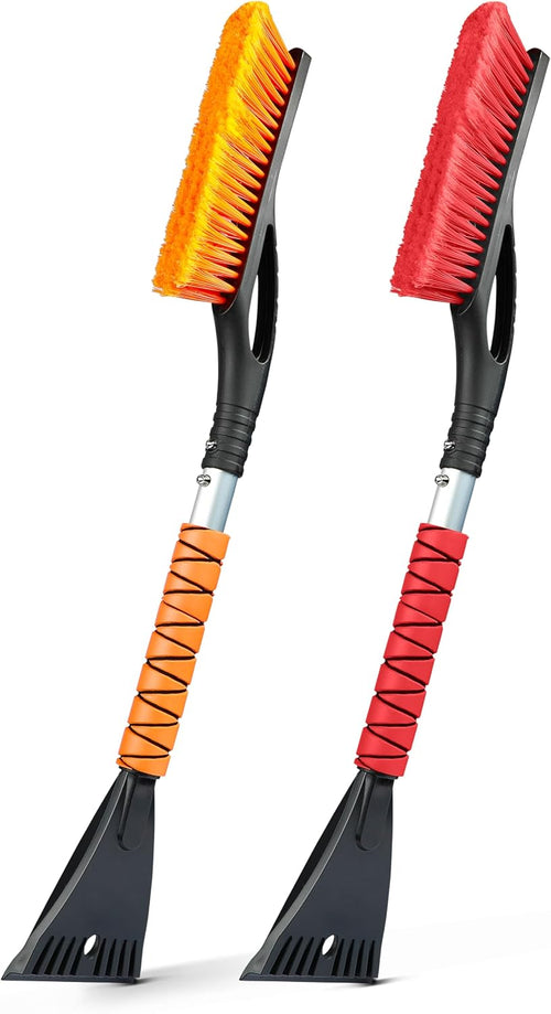 EcoNour 27" Aluminum Car Snow Scraper and Brush (Orange) | Weaved Bristle Head with Metal Body Ice Scraper for Car Windshield | Tough Ice Scraper with Ergonomic Foam Grip Winter Accessory | 2 Pack