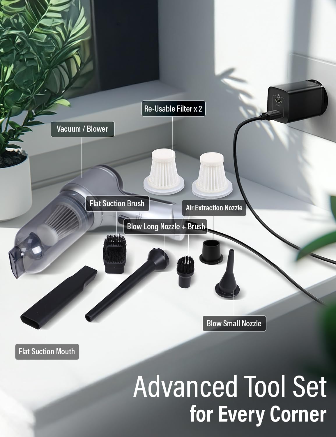 EcoNour Handheld Vacuum Cleaner, Cordless Car Vacuum Cleaner, with Multiple Brush Heads High Power Hand Held Vacuum Cordless, for Office, Home Kitchen, Car,Pet Hair - Grey