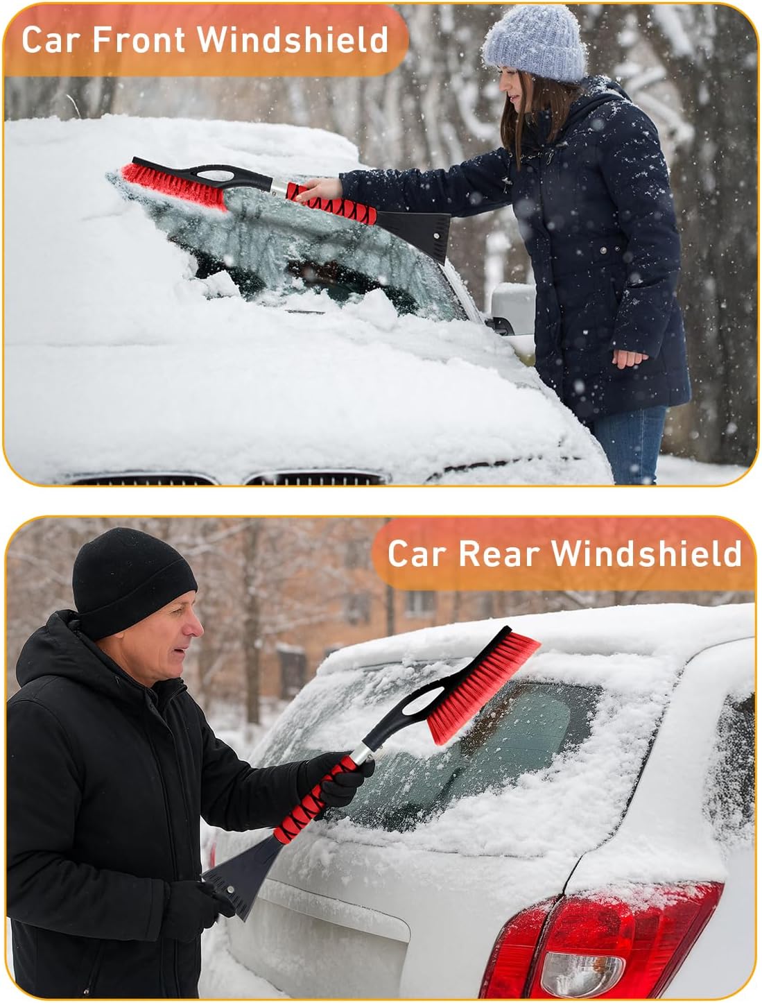 EcoNour 27" Aluminum Car Snow Scraper and Brush (Orange) | Weaved Bristle Head with Metal Body Ice Scraper for Car Windshield | Tough Ice Scraper with Ergonomic Foam Grip Winter Accessory | 2 Pack