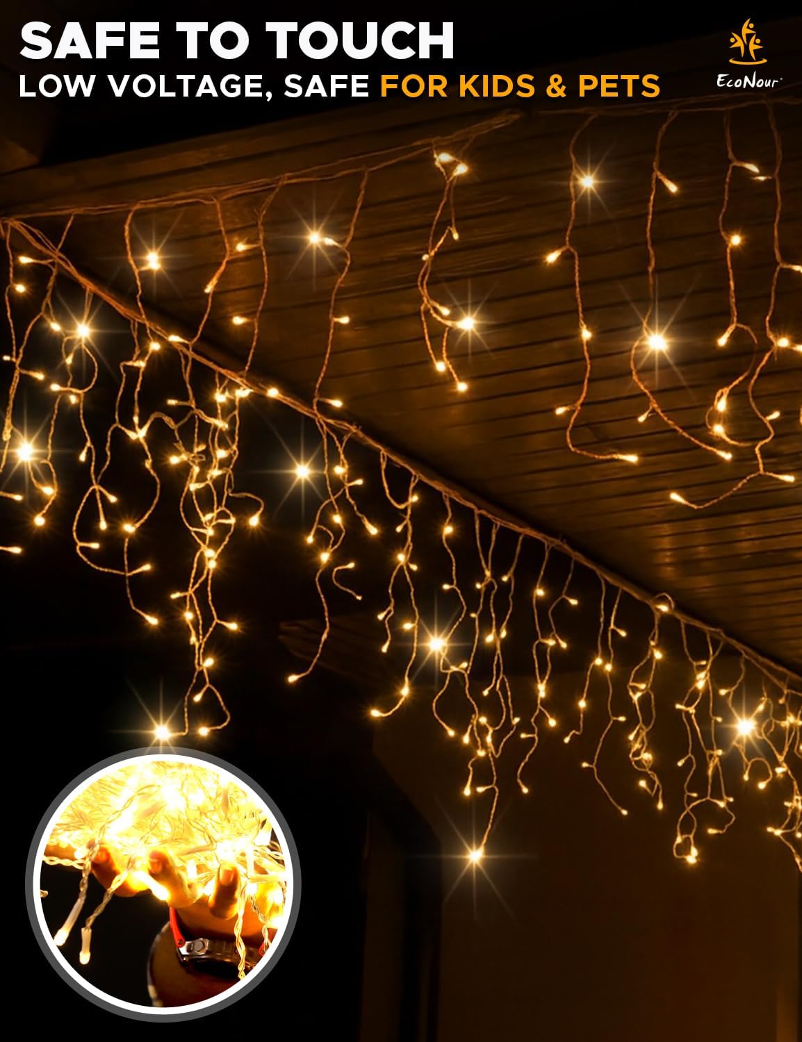 EcoNour Icicle Lights Outdoor Christmas Lights 360 LED 10M Warm White Decorations String Fairy Lights with Timer for Xmas Garden & Party | Mains Powered Clear Cable