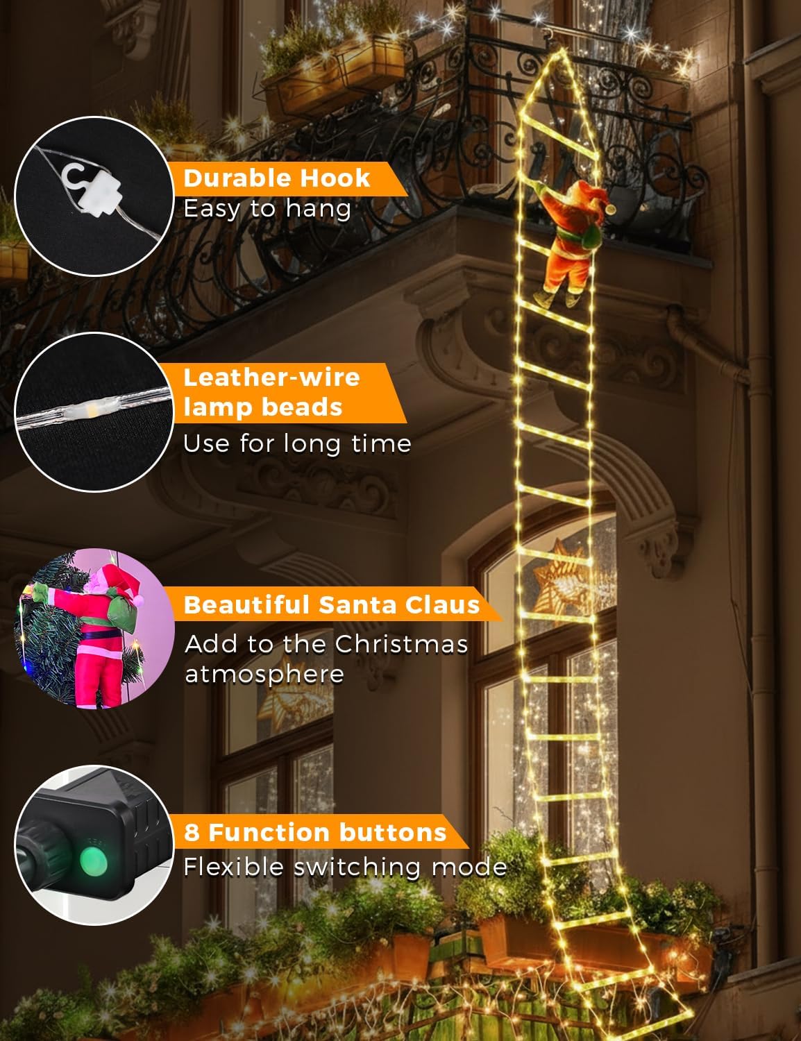 EcoNour Christmas Ladder Lights with Santa Claus - 200 LED Lights, 8 Light Modes, Timer Memory Function, Mains Powered, Indoor Outdoor Garden Tree Christmas Decorations (Warm White)