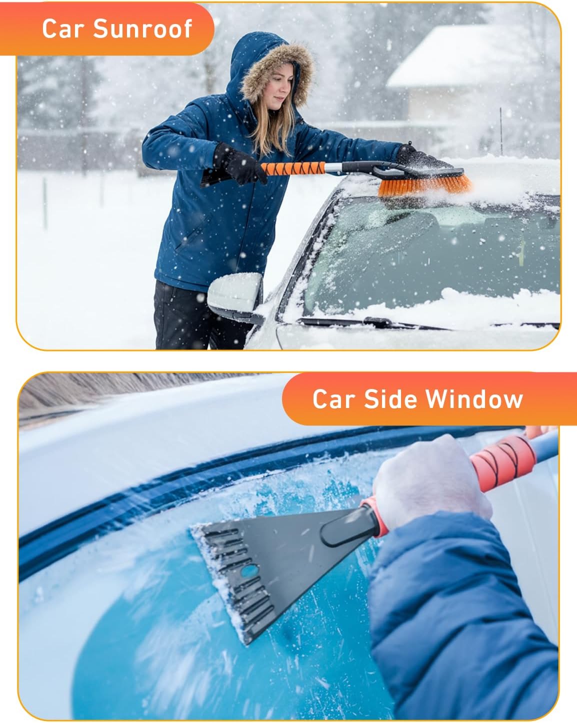 EcoNour 27" Aluminum Ice Scraper for Car Windscreen (Orange) | Weaved Bristle Head with Metal Body Ice Scrapers | Tough Ice Scraper with Foam Grip Snow Removal Winter Car Accessories