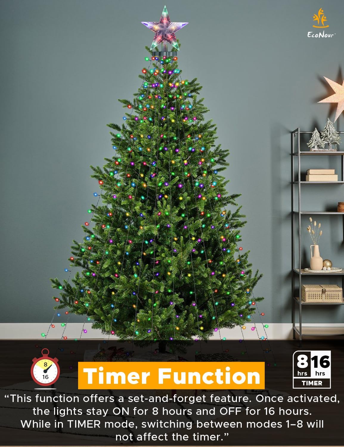 EcoNour 1.5m Cluster Tree Lights | 200 LED String Lights with Ring and 12 Garlands | 8 Modes LED String Lights for Christmas Trees (150cm & 180cm) | Multicolor Decoration Light