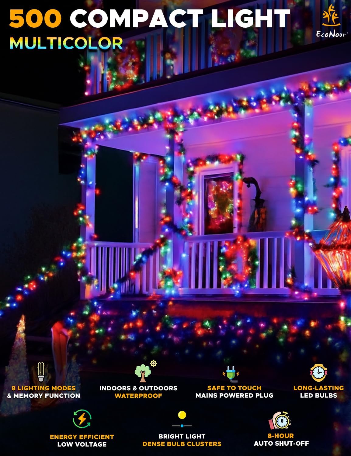 EcoNour Christmas Tree Lights, Cluster Compact 500 LED Multi Color | 8 Hrs On Timer, 8 Light Mode, 2.5cm Bulb Distance Fairy String Lights Plug in - Timer and Memory Functions -Outdoor/Indoor Use