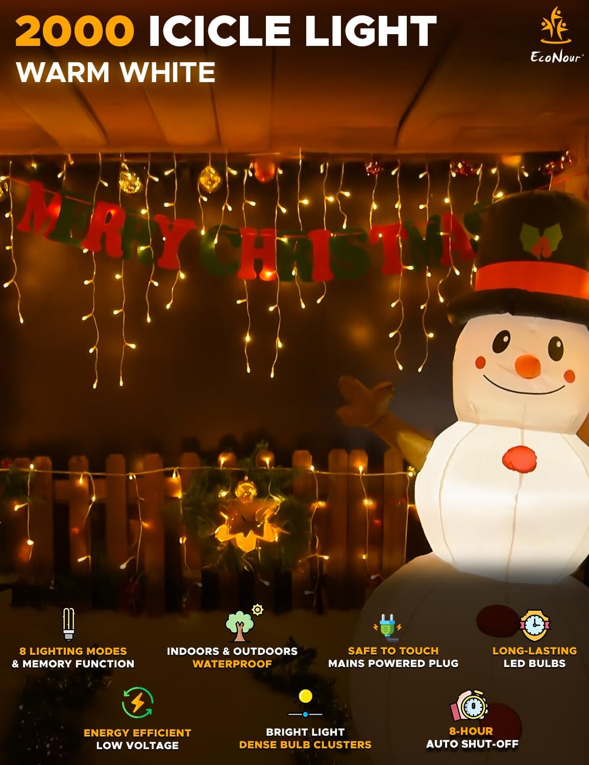 EcoNour Icicle Lights Outdoor Christmas 2000 LED 60M Warm White Decorations String Fairy Lights with Timer for Xmas Garden & Party | Mains Powered Clear Cable