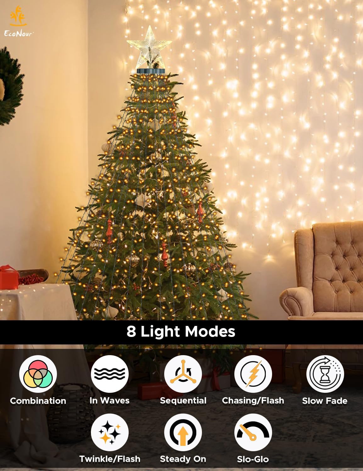 EcoNour 2m Cluster Tree Lights | 400 LED String Lights with Ring and 16 Garlands | 8 Modes LED String Lights for Christmas Trees (210cm & 240cm) | Warm White Light for Indoor and Outdoor Use