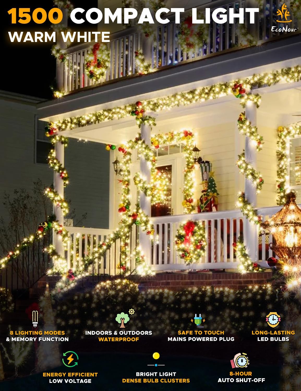 EcoNour Christmas Tree Lights, Cluster Compact 1500 LED Warm White | 8 Hrs On Timer, 8 Light Mode, 2.5cm Bulb Distance Fairy String Lights Plug in - Timer and Memory Functions -Outdoor/Indoor Use