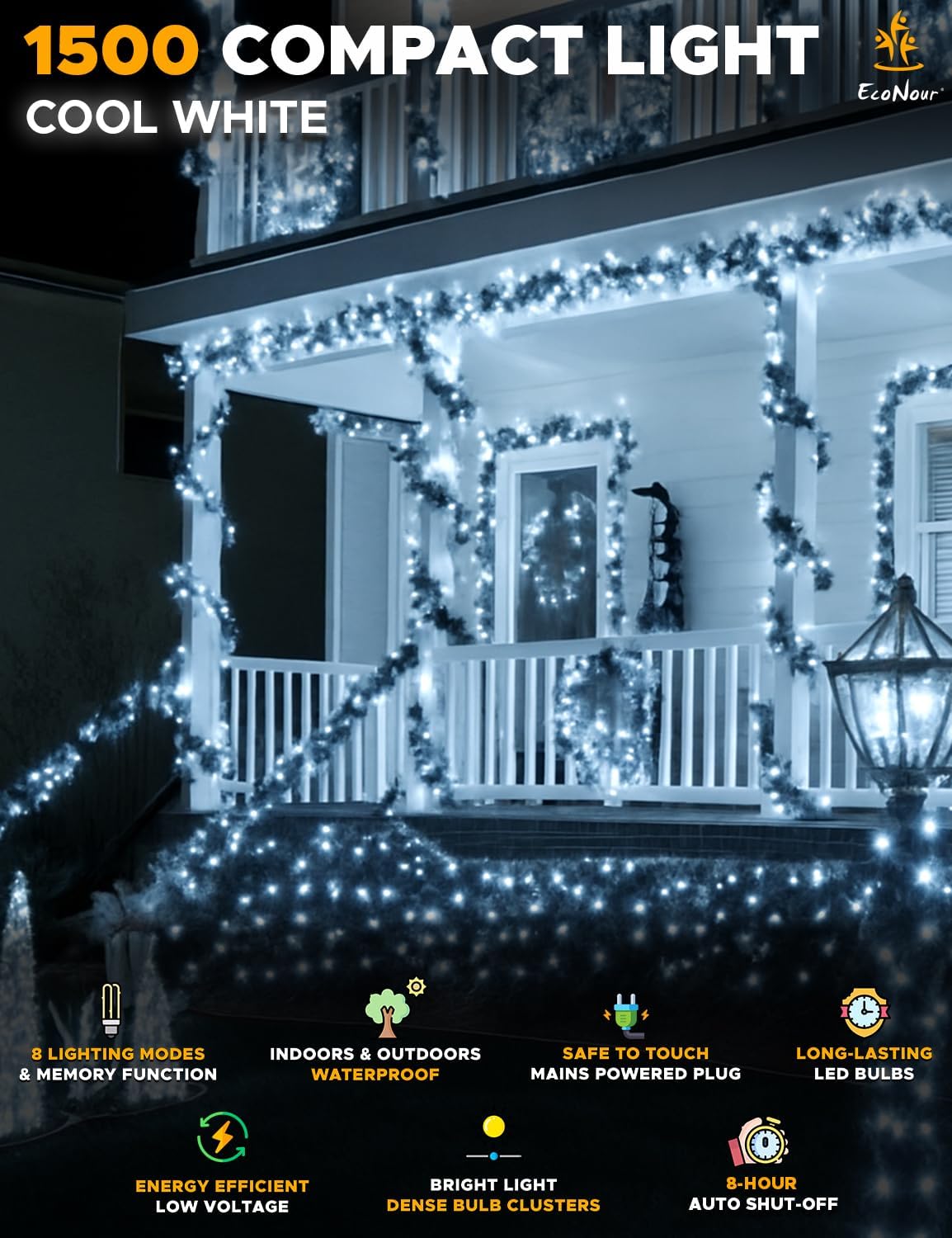 EcoNour Christmas Tree Lights, Cluster Compact 1500 LED Cool White | 8 Hrs On Timer, 8 Light Mode, 2.5cm Bulb Distance Fairy String Lights Plug in - Timer and Memory Functions -Outdoor/Indoor Use