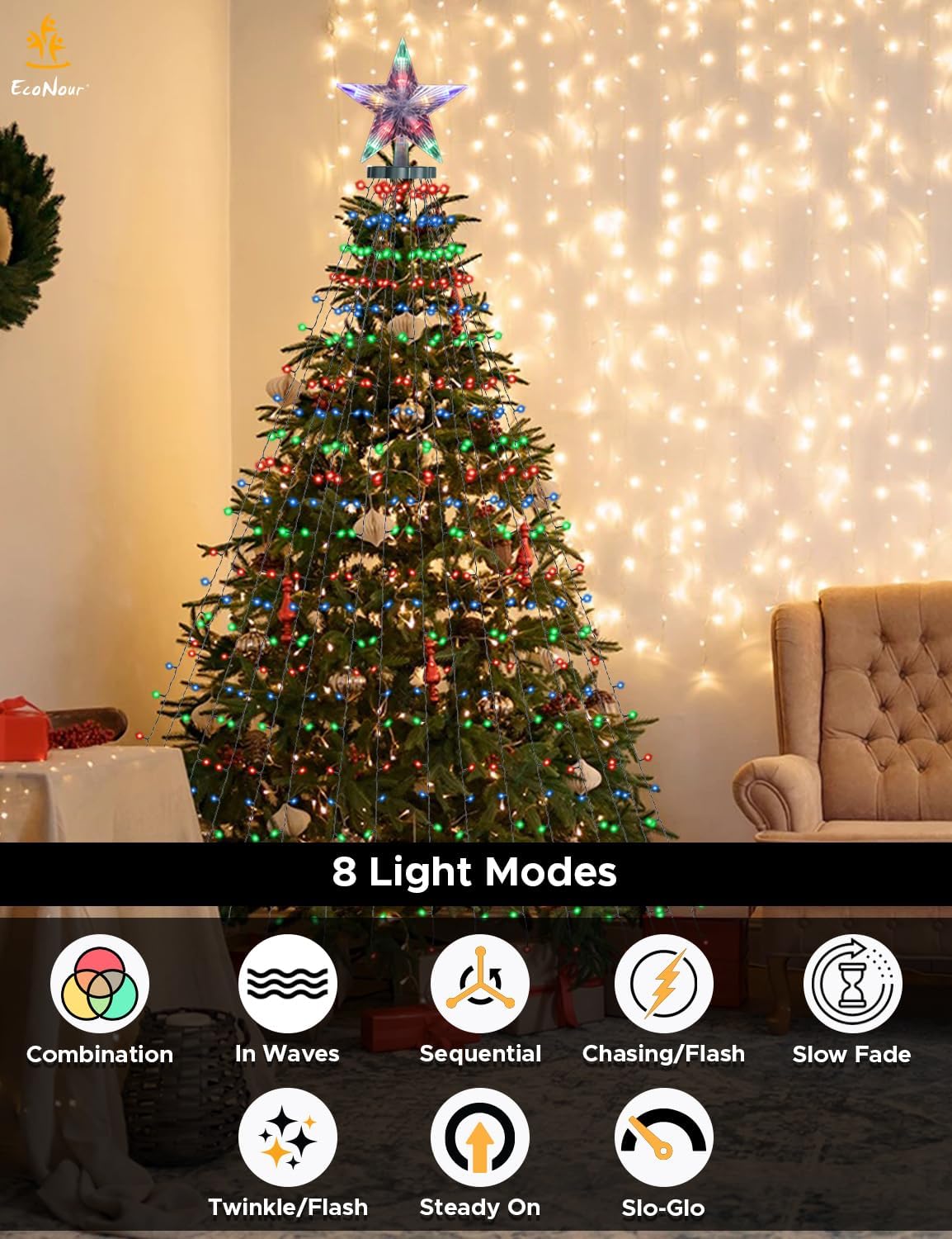 EcoNour 1.5m Cluster Tree Lights | 200 LED String Lights with Ring and 12 Garlands | 8 Modes LED String Lights for Christmas Trees (150cm & 180cm) | Multicolor Decoration Light