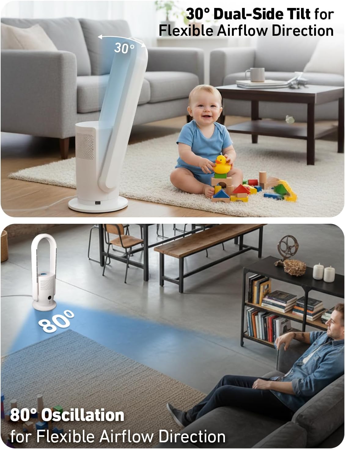 EcoNour Bladeless Hot & Cool Tower Fan with Air Purifier | Remote Control, 30°Tilt,12-Speed Quiet Cooling, Fast Heating, Sleep Mode, Safety Protection, Compatible with Alexa Bedroom, Kitchen - 28"