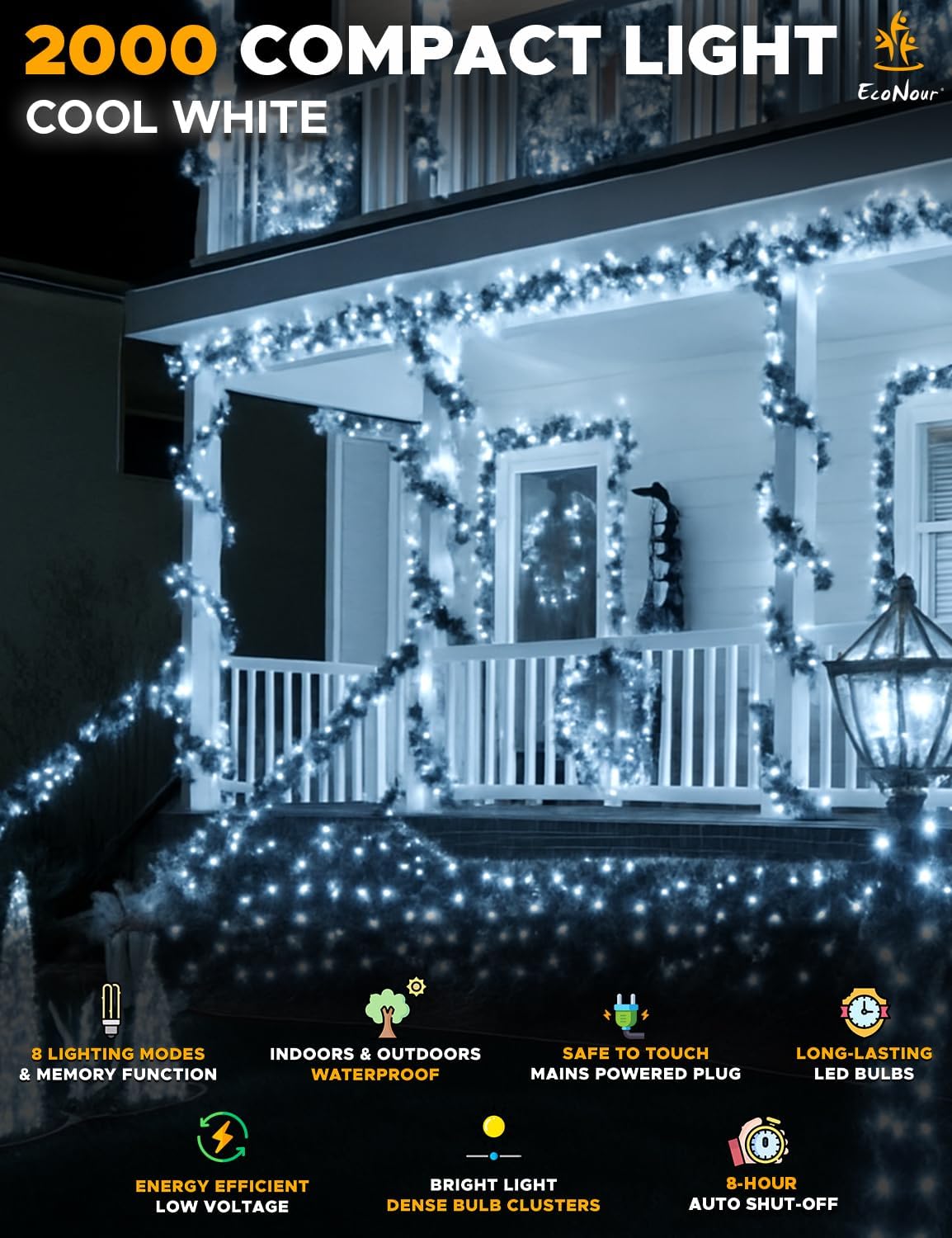 EcoNour Christmas Tree Lights, Cluster Compact 2000 LED Cool White | 8 Hrs On Timer, 8 Light Mode, 2.5cm Bulb Distance Fairy String Lights Plug in - Timer and Memory Functions -Outdoor/Indoor Use
