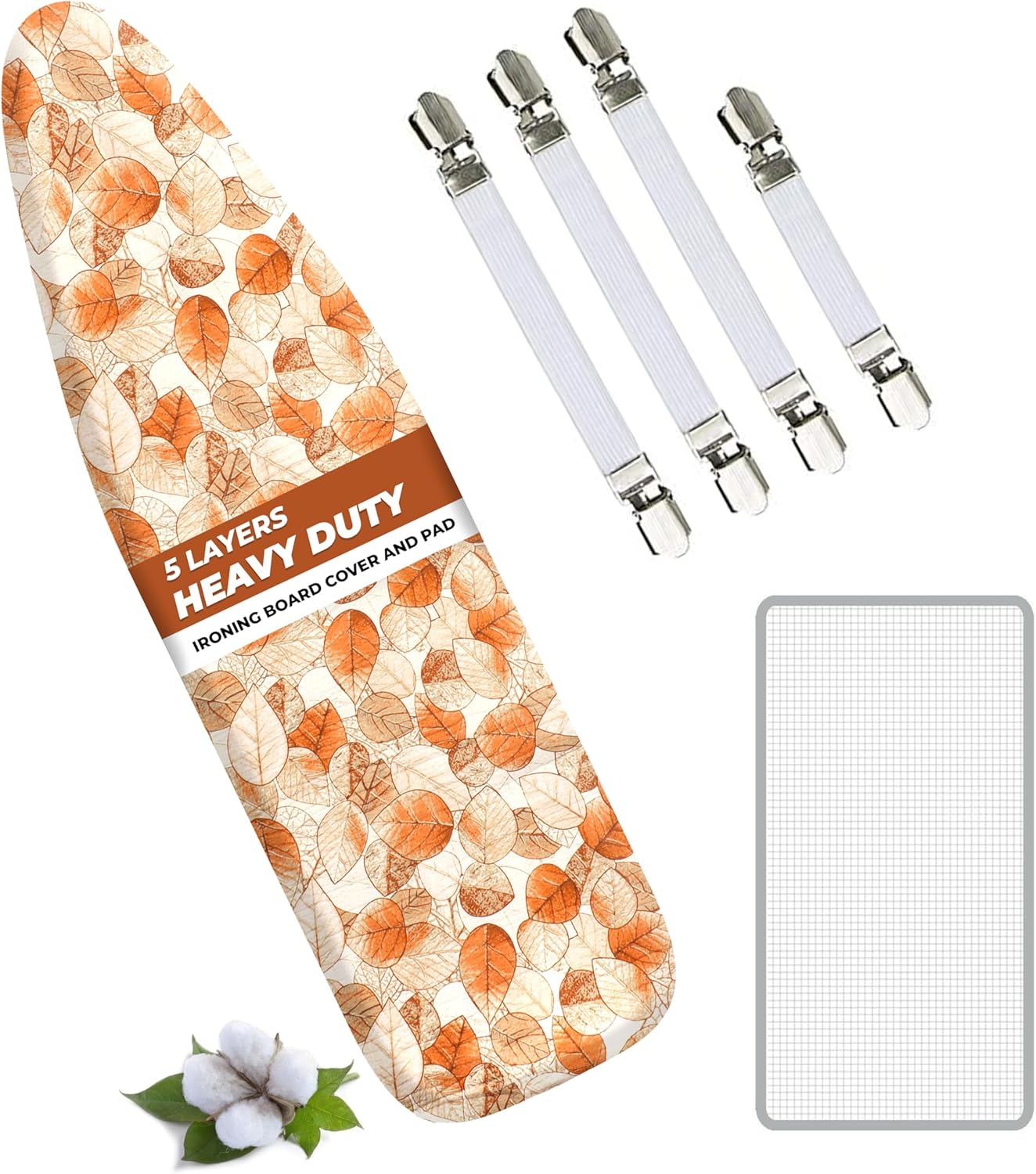 EcoNour Ironing Board Covers 124 x 38 cm Extra Thick 7mm Padding, 100% Cotton Top Covers Easy-Fit for Protecting Ironing Board Cover Complete Set with 4 Strings and Scorch Resistant Padding - Large
