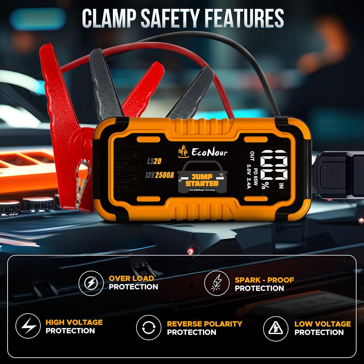 EcoNour LS20 Car Battery Jump Starter - 2000A Portable, 12V Jump Starters Car Battery Charger with SOS & Jumper Cable, Ideal for Up to 7.0L Gas & 3.0L Diesel Engines (16000 mAh)