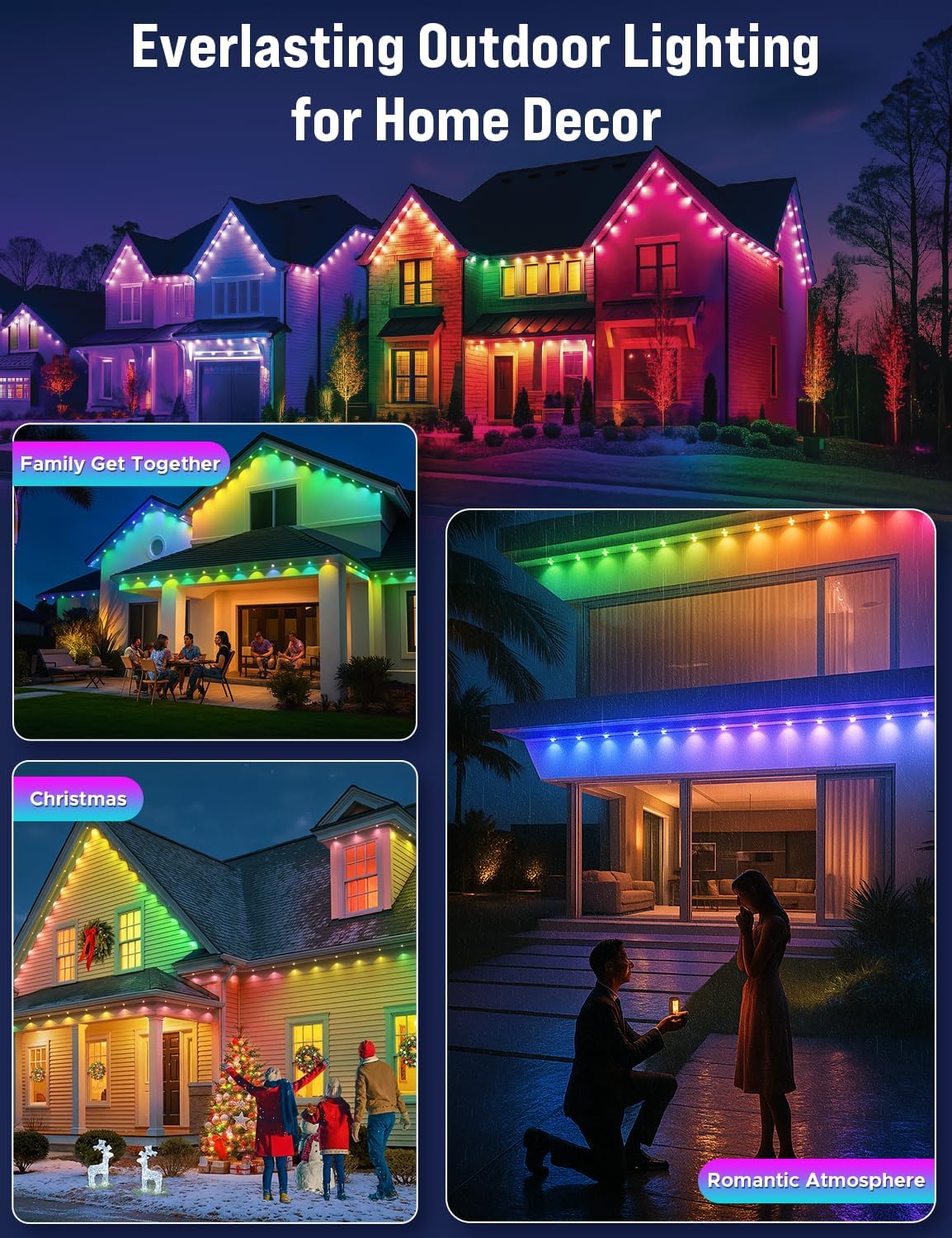 EcoNour 30M/100FT Smart RGB Permanent Outdoor Lights |Music Sync, Waterproof LED Eaves Lights with Extension Connector & Remote Control |Colorful RGB LED Christmas Light with Festive Lighting Effects