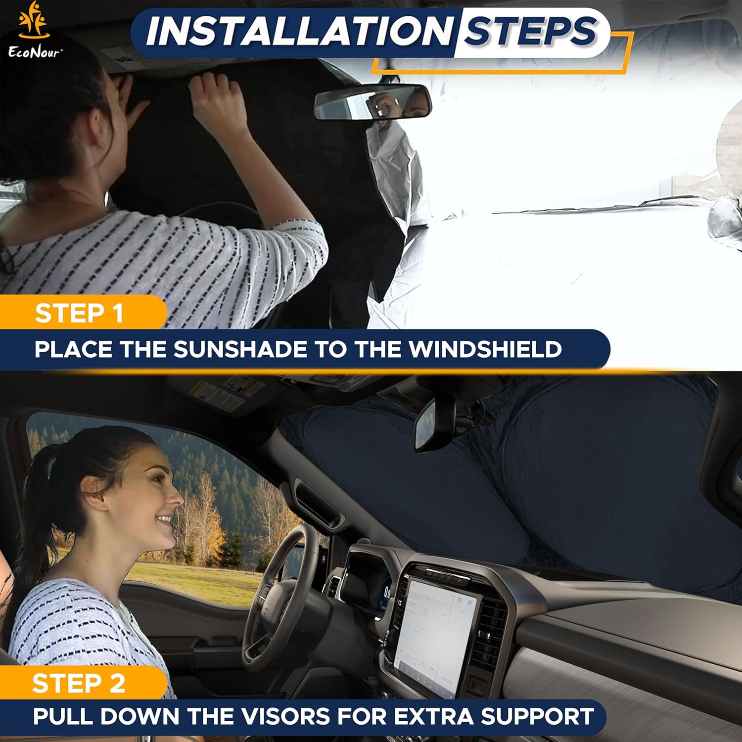 EcoNour Car Shade Front Windshield | Windshield Dash Protector for Maximum UV Rays and Sun Heat Protection | Sun Visor Car Interior Accessory for Cooler Interior | X-Large (69 x 35 inches)