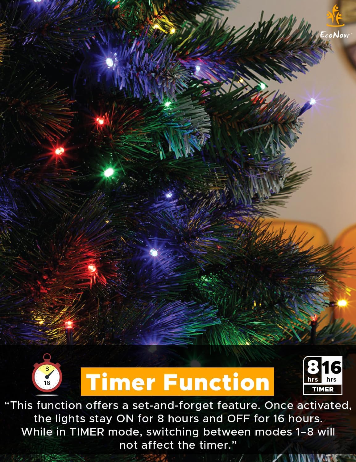 EcoNour Christmas Tree Lights, Cluster Compact 1000 LED Multi Color | 8 Hrs On Timer, 8 Light Mode, 2.5cm Bulb Distance Fairy String Lights Plug in - Timer and Memory Functions -Outdoor/Indoor Use