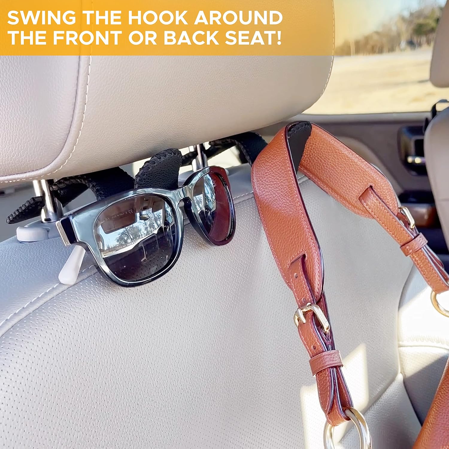 EcoNour Leather Car Seat Hooks (2 Pack Black) | Portable Bag Holder for Car to Keep Your Purse, Groceries & Handbags from Sliding Around | Headrest Hook with Crafted Stitches