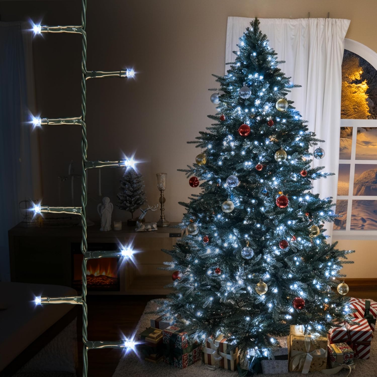 EcoNour Christmas Tree Lights, Cluster Compact 1500 LED Cool White | 8 Hrs On Timer, 8 Light Mode, 2.5cm Bulb Distance Fairy String Lights Plug in - Timer and Memory Functions -Outdoor/Indoor Use