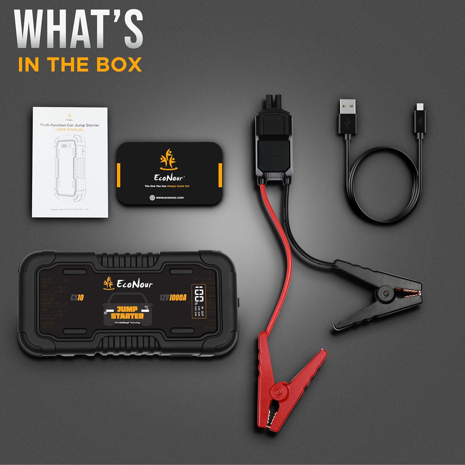 EcoNour Car Battery Jump Starter | 1600A Peak | 12V Portable Car Booster with LED Light & Charger Cable | Power unit Starter Ideal Up to 7L Gas/5L Diesel Engines