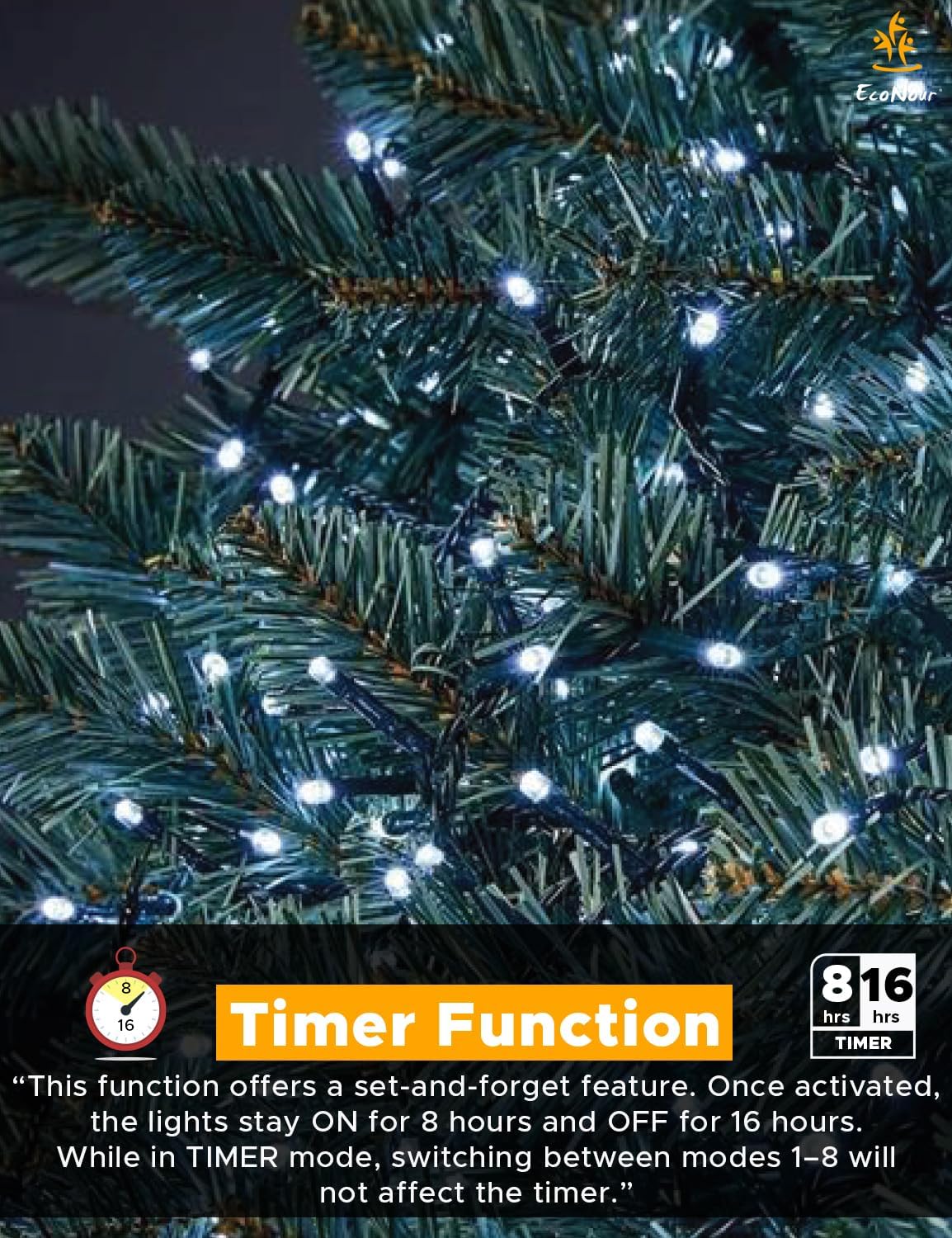 EcoNour Christmas Tree Lights, Cluster Compact 1500 LED Cool White | 8 Hrs On Timer, 8 Light Mode, 2.5cm Bulb Distance Fairy String Lights Plug in - Timer and Memory Functions -Outdoor/Indoor Use