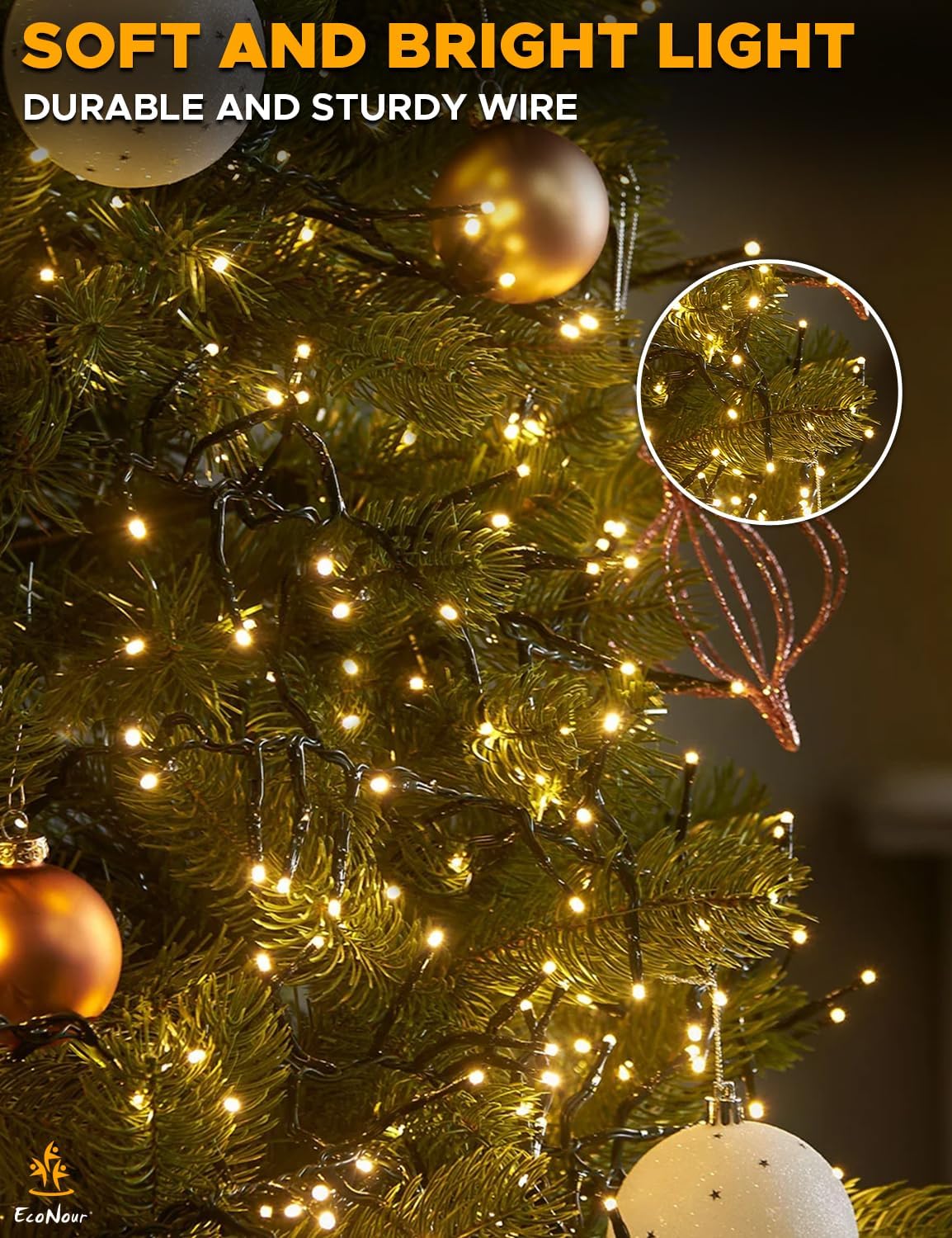 EcoNour Christmas Tree Lights Cluster Lights 480 LED - 6 Hours On Timer, 8 Light Modes, Plug in, Waterproof Indoor & Outdoor Use – 480 LED / 6m Lit Length, Warm White