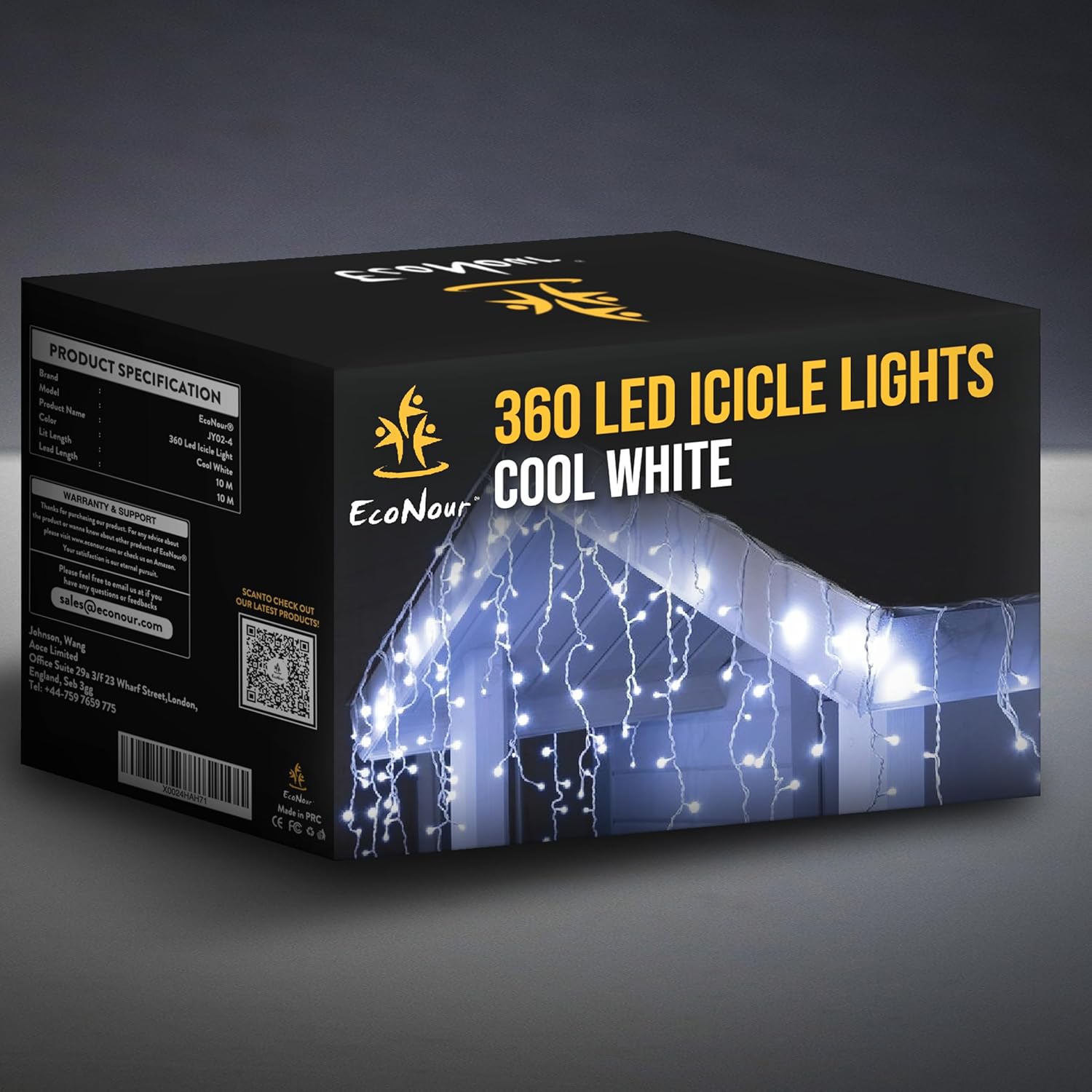EcoNour Icicle Lights Outdoor Christmas Lights 360 LED 10M Cool White Decorations String Fairy Lights with Timer for Xmas Garden & Party | Mains Powered Clear Cable