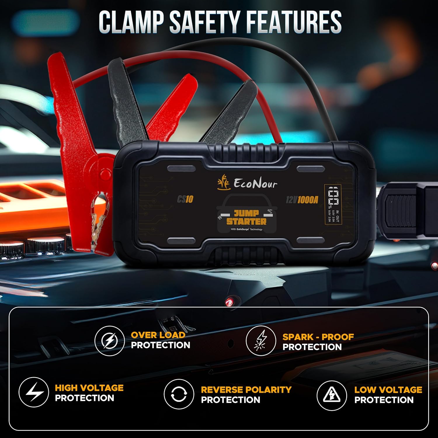 EcoNour Car Battery Jump Starter | 1600A Peak | 12V Portable Car Booster with LED Light & Charger Cable | Power unit Starter Ideal Up to 7L Gas/5L Diesel Engines