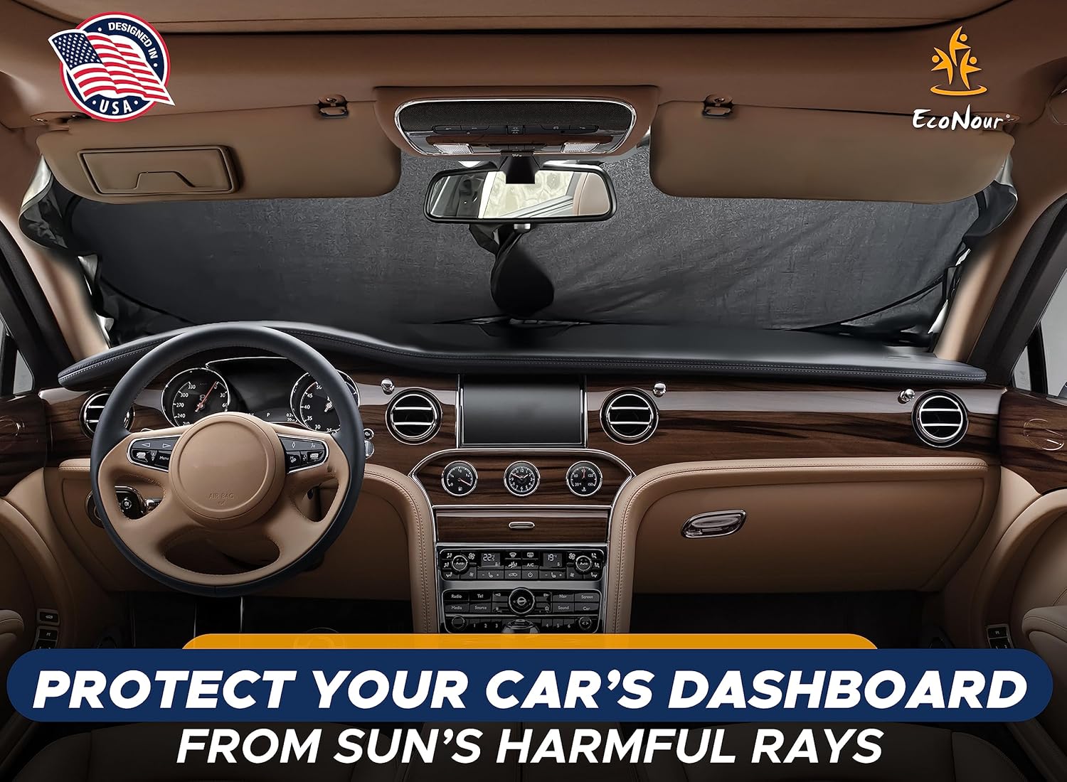 EcoNour Car Front Windshield Sun Shade for Car | SUV Accessories for Maximum Sun and Heat Protection | UV-Blocking Windshield Dash Cover & Sun Visor for Cooler Interior | Large (64 x 34 Inches)