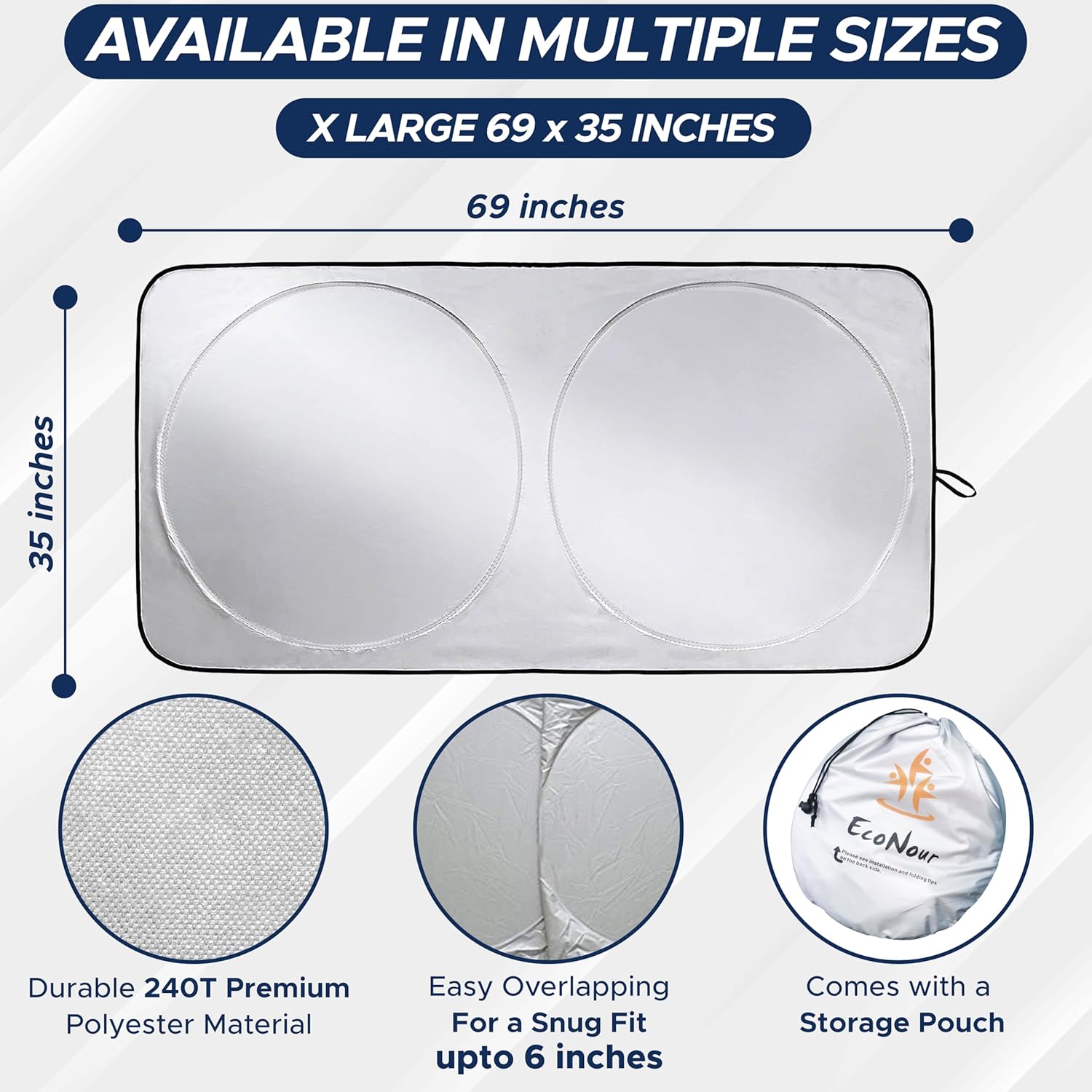 EcoNour Car Shade Front Windshield | Windshield Dash Protector for Maximum UV Rays and Sun Heat Protection | Sun Visor Car Interior Accessory for Cooler Interior | X-Large (69 x 35 inches)
