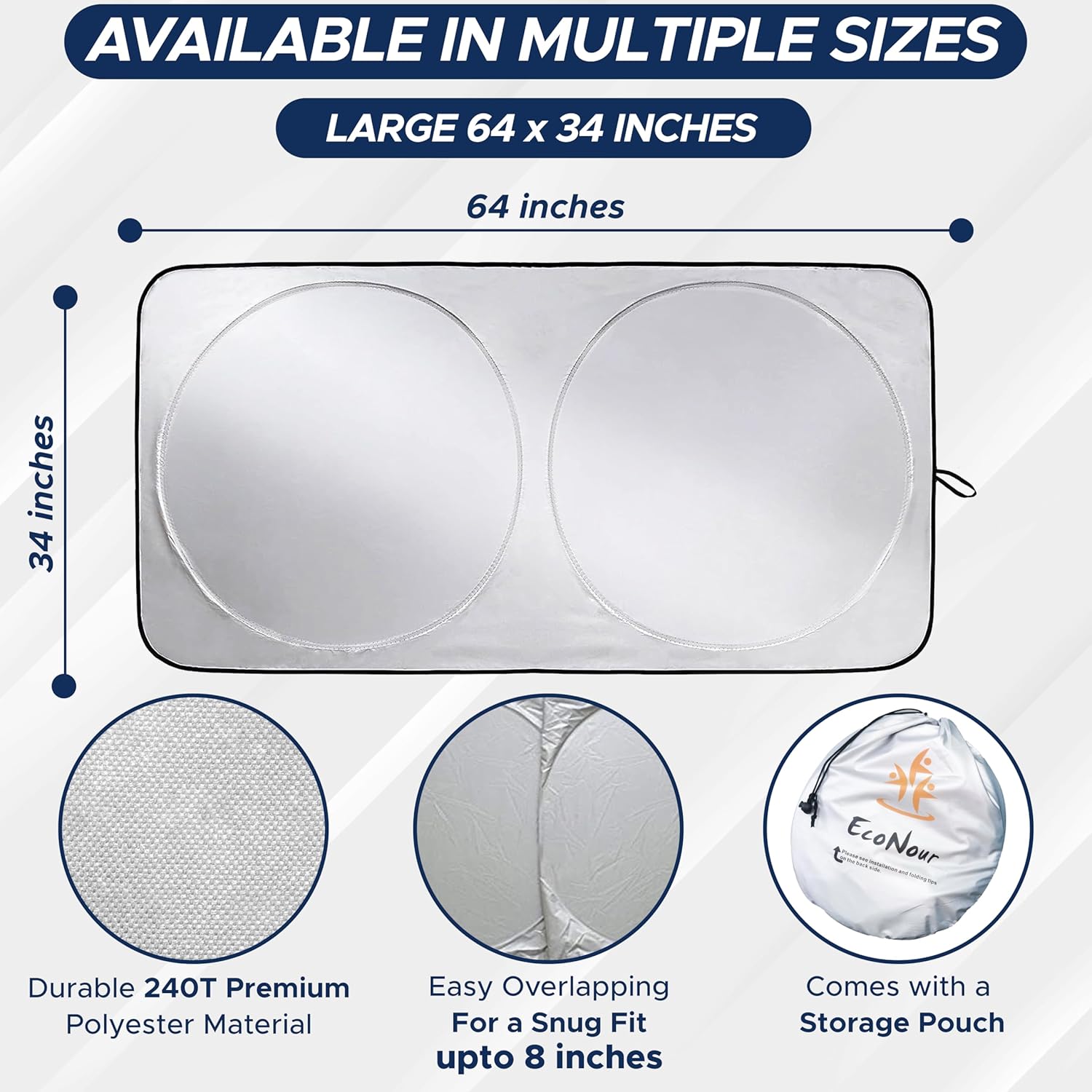 EcoNour Car Front Windshield Sun Shade for Car | SUV Accessories for Maximum Sun and Heat Protection | UV-Blocking Windshield Dash Cover & Sun Visor for Cooler Interior | Large (64 x 34 Inches)