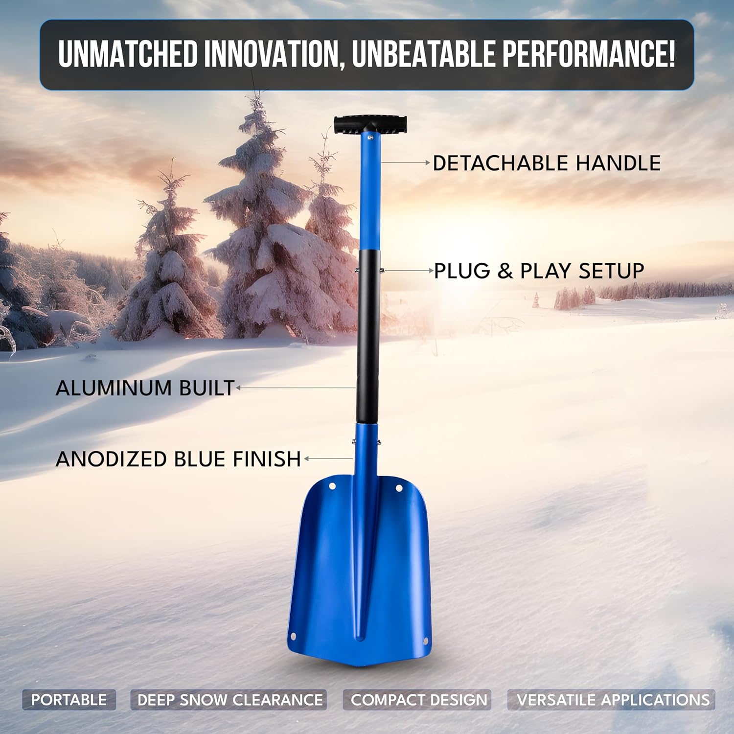 EcoNour 32" Multipurpose Snow Shovel for Car Driveway | Lightweight Aluminum Car Shovel for Snow, Sand, and Garden Use | Heavy-Duty, Foldable 3-Piece Shovel for Car, Home, and Outdoors (Blue)
