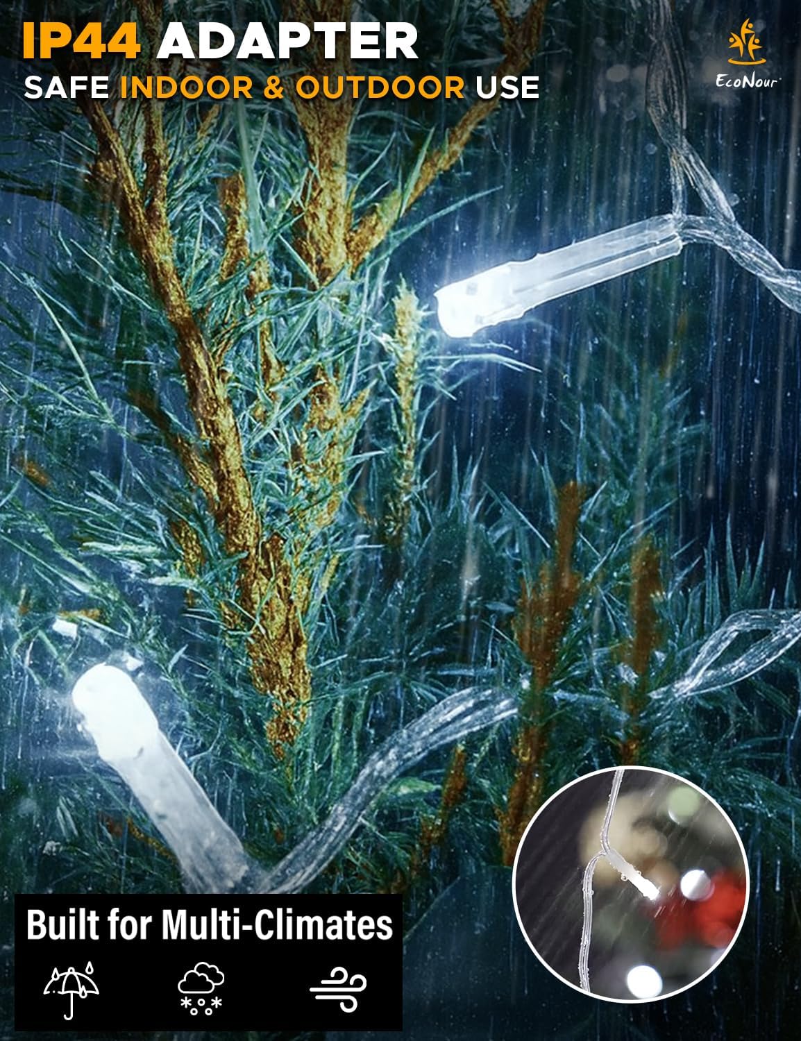 EcoNour Icicle Lights Outdoor Christmas Lights 240 LED 7.5M Cool White Decorations String Fairy Lights with Timer for Xmas Garden & Party | Mains Powered Clear Cable