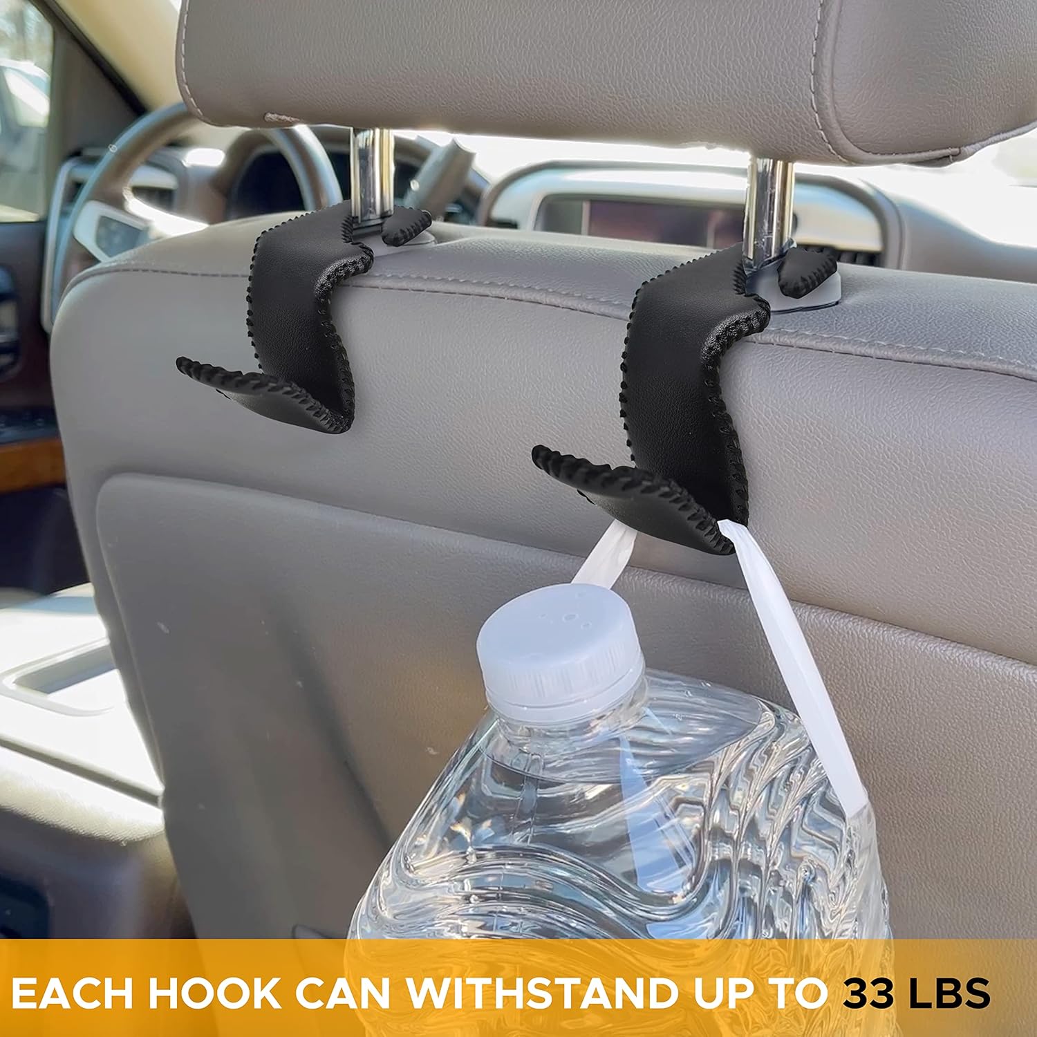 EcoNour Leather Car Seat Hooks (2 Pack Black) | Portable Bag Holder for Car to Keep Your Purse, Groceries & Handbags from Sliding Around | Headrest Hook with Crafted Stitches