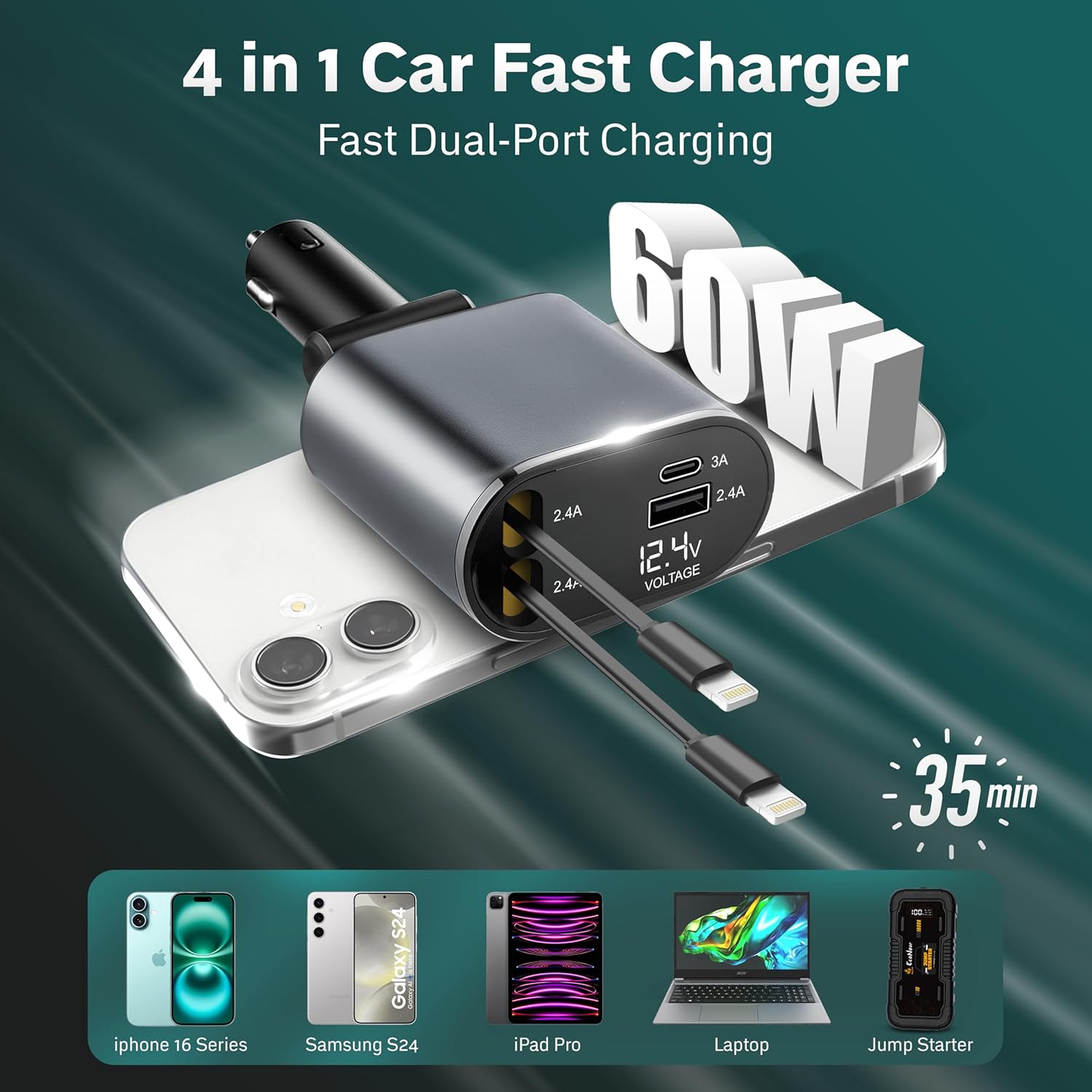 EcoNour Super Fast 4-in-1 Retractable Car Charger | PD30W Dual Apple Charger for iPhones & Multiple Devices | 82 cm Long, Flexible & Compact Design | Compatible with Iphones, Samsung & Android Devices
