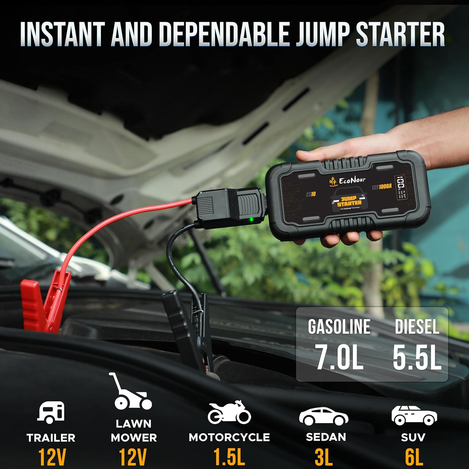 EcoNour Car Battery Jump Starter | 1600A Peak | 12V Portable Car Booster with LED Light & Charger Cable | Power unit Starter Ideal Up to 7L Gas/5L Diesel Engines
