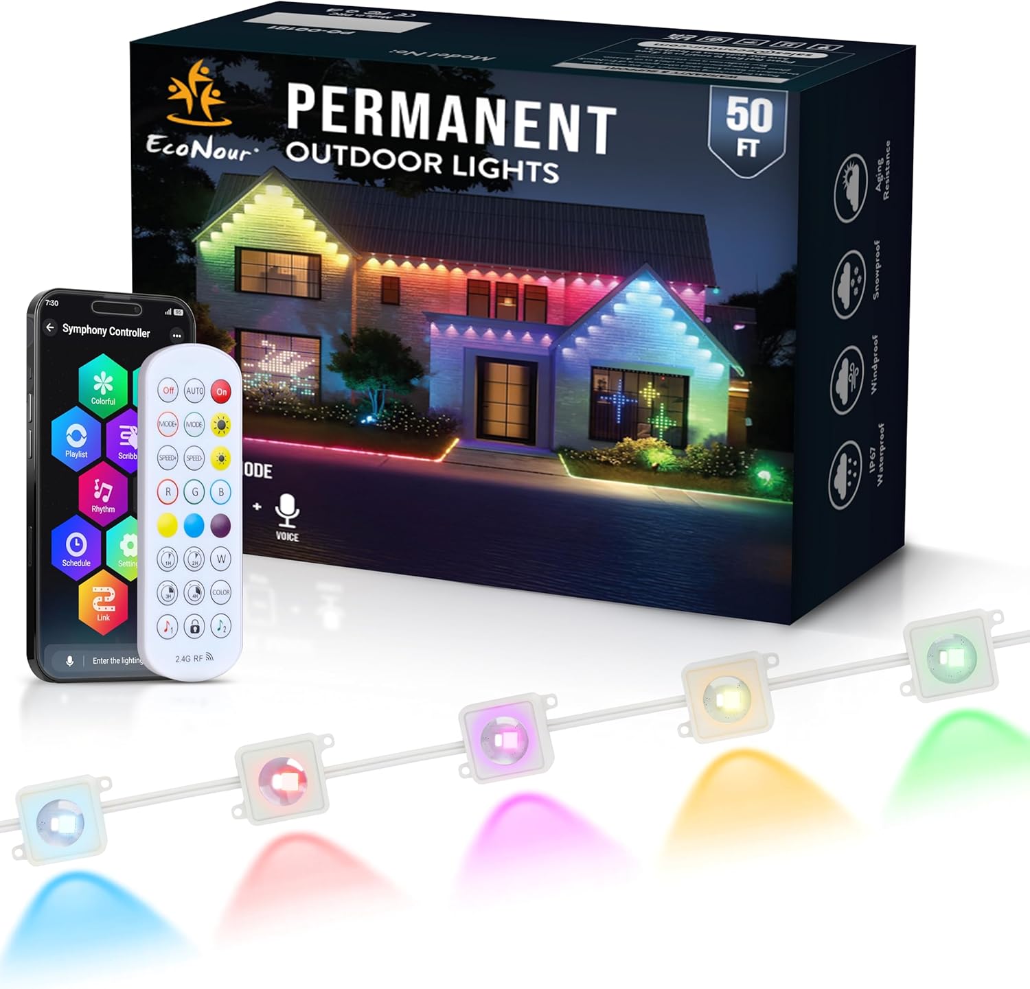 EcoNour 15M/50FT RGB LED Permanent Outdoor Lights | Smart Waterproof LED Eaves Lights with App & Remote Control | Music Sync, RGB Colorful Light | Alexa Smart Christmas Light for Decorations