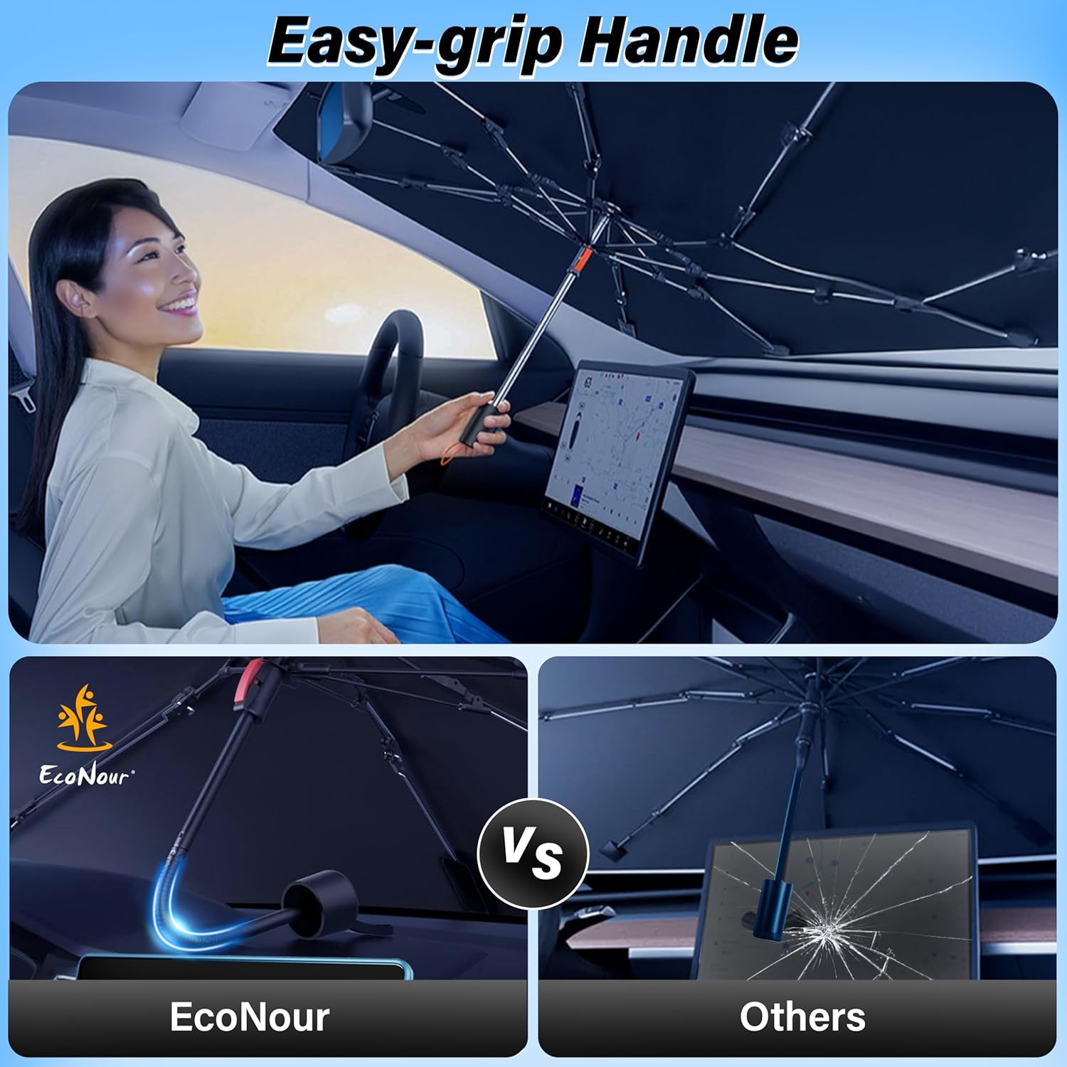 EcoNour Car Windshield Sunshade Umbrella | Foldable Windshield Sun Shade Cover | Front Car Window Shade for Maximum UV Rays & Heat Protection | 240T Polyester Umbrella Sunshade