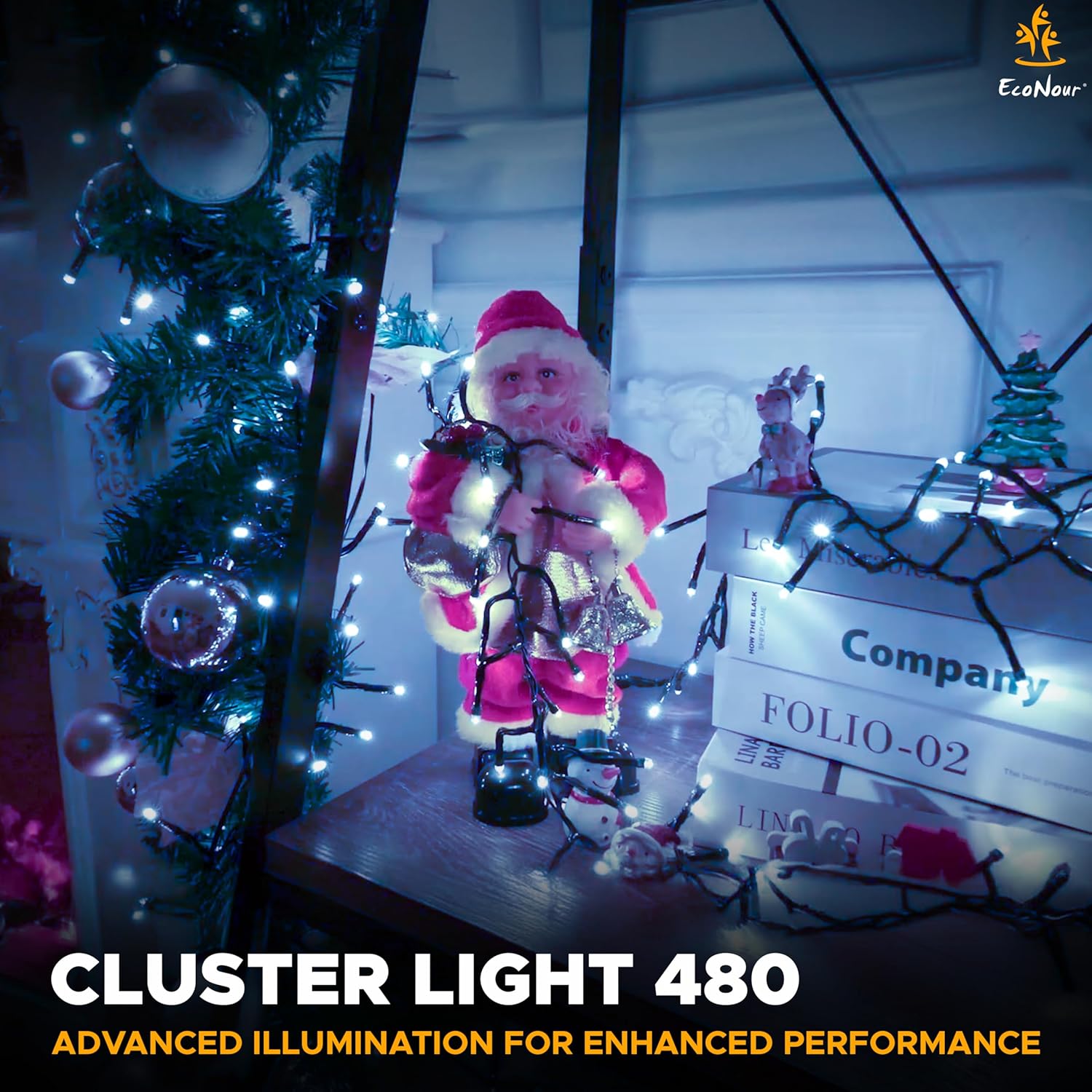 EcoNour Christmas Tree Cluster Lights - 480 LED - Cool White - 6 Hours Timer, 8 Lighting Modes, Plug-in, Waterproof for Indoor & Outdoor Use - 4.8m Lit Length