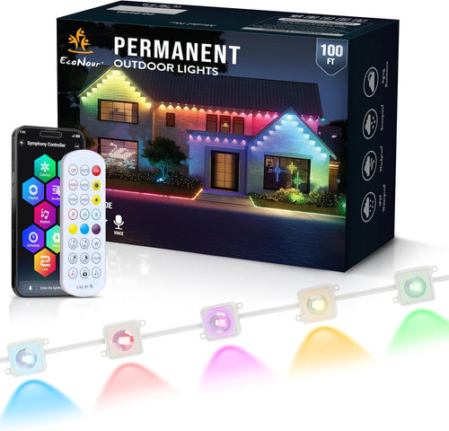 EcoNour 30M/100FT Smart RGB Permanent Outdoor Lights |Music Sync, Waterproof LED Eaves Lights with Extension Connector & Remote Control |Colorful RGB LED Christmas Light with Festive Lighting Effects