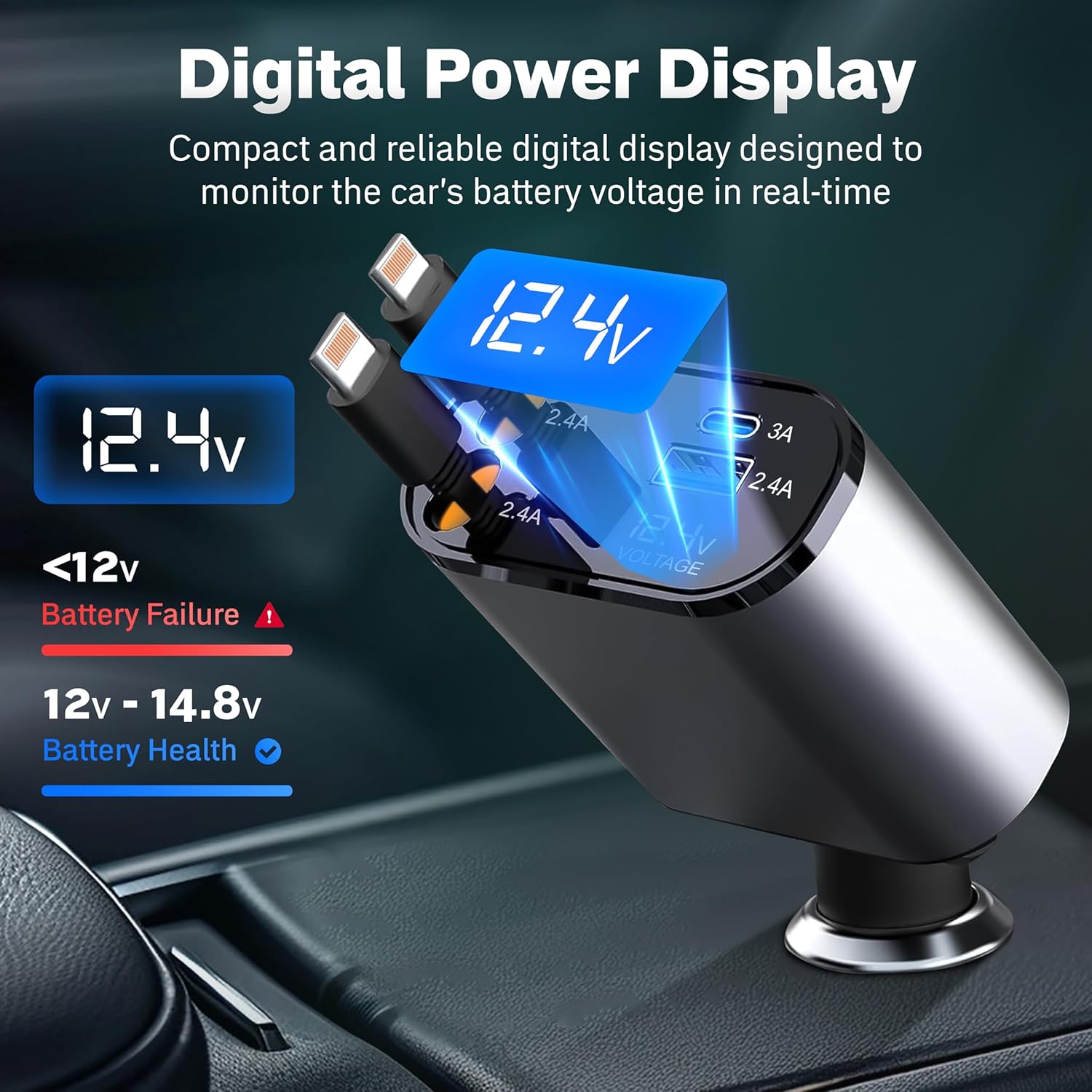 EcoNour Super Fast 4-in-1 Retractable Car Charger | PD30W Dual Apple Charger for iPhones & Multiple Devices | 82 cm Long, Flexible & Compact Design | Compatible with Iphones, Samsung & Android Devices
