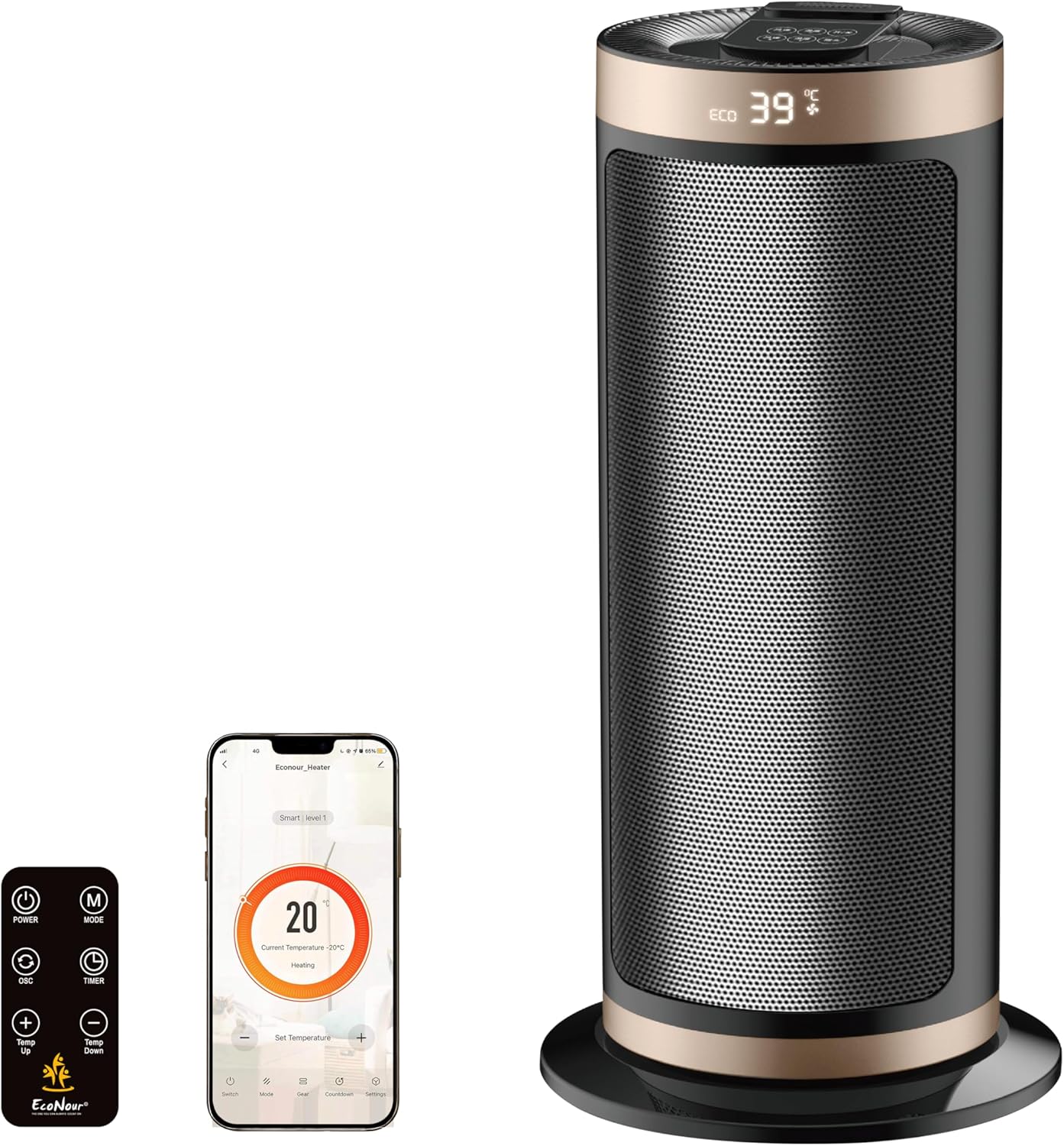 EcoNour Electric Heater, 2000 W Energy Efficient Space Silent Smart WiFi Room Heater, Portable Ceramic Room Heater with Thermostat, 3 Heat Modes, Fast Heating, Overheat & Tip-Over Safety Protection
