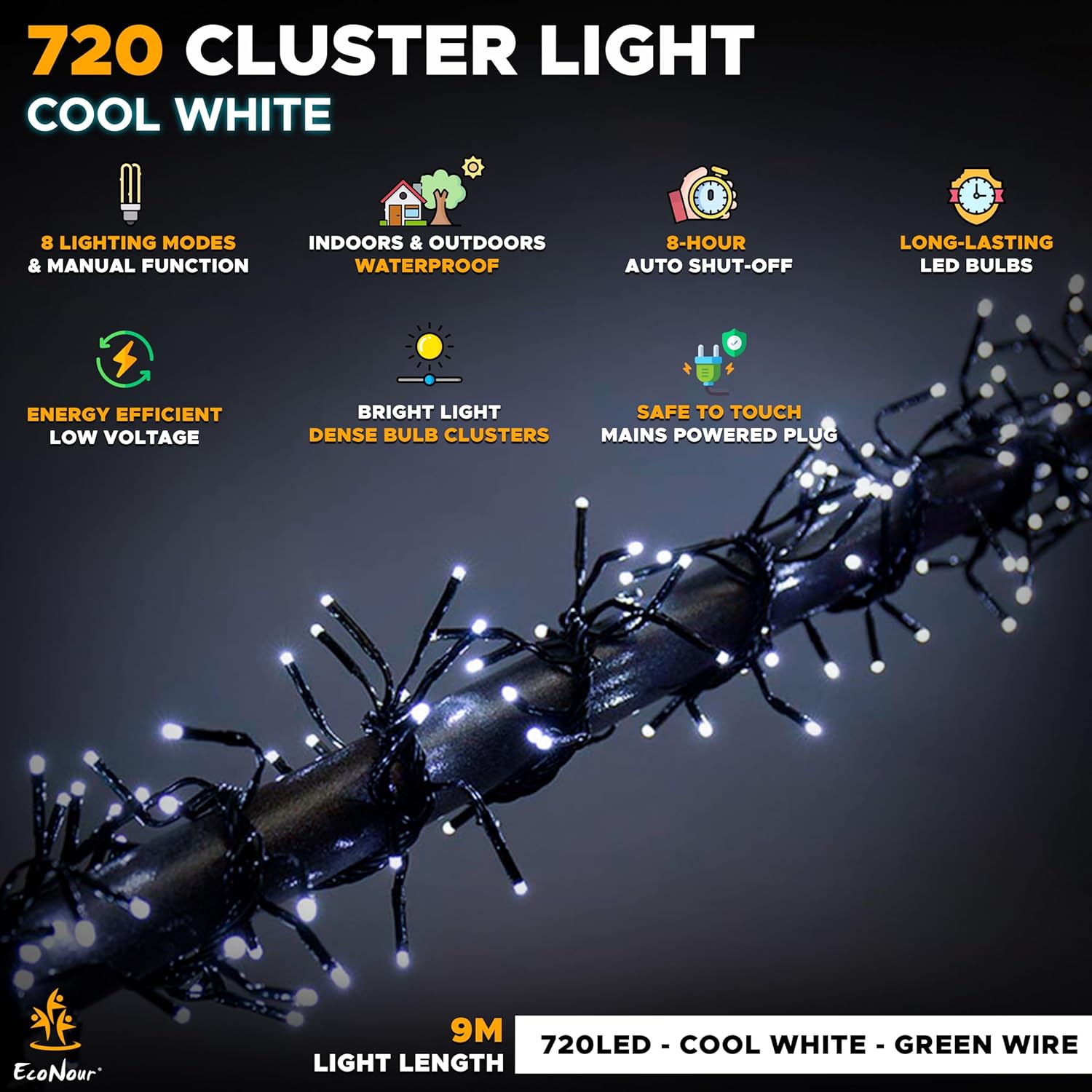 EcoNour Christmas Tree Cluster Lights - 720 LED - Cool White - 6 Hours Timer, 8 Lighting Modes, Plug-in, Waterproof for Indoor & Outdoor Use - 7.2m Lit Length