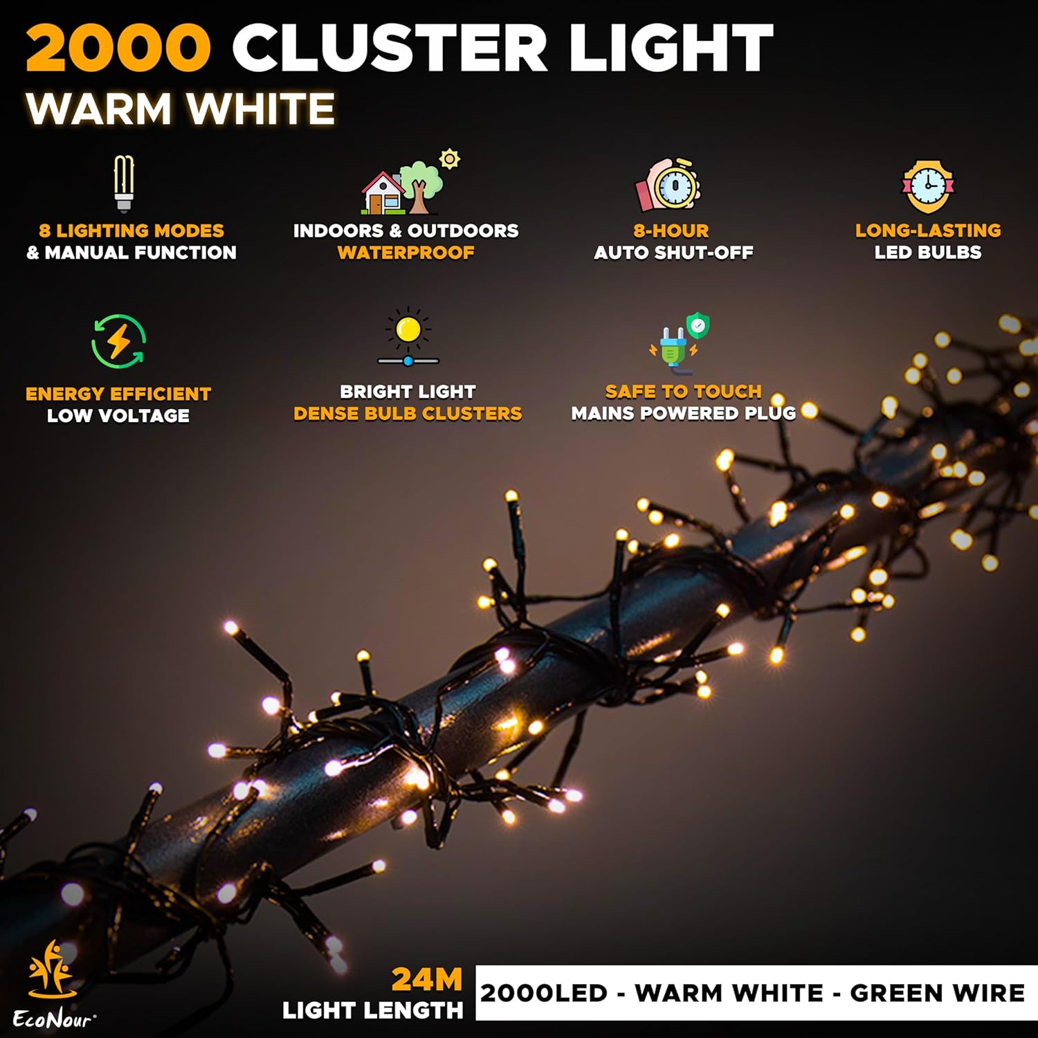 EcoNour Christmas Tree Lights Cluster Lights 2000 LED - 6 Hours On Timer, 8 Light Modes, Plug in, Waterproof Indoor & Outdoor Use – 2000 LED / 24m Lit Length, Warm White