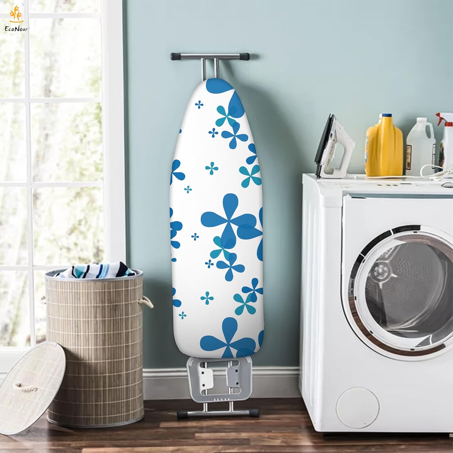 EcoNour Ironing Board Covers 124 x 38 cm Extra Thick 7mm Padding, 100% Cotton Top Covers Easy-Fit for Protecting Ironing Board Cover Complete Set with 4 Strings and Scorch Resistant Padding - Large