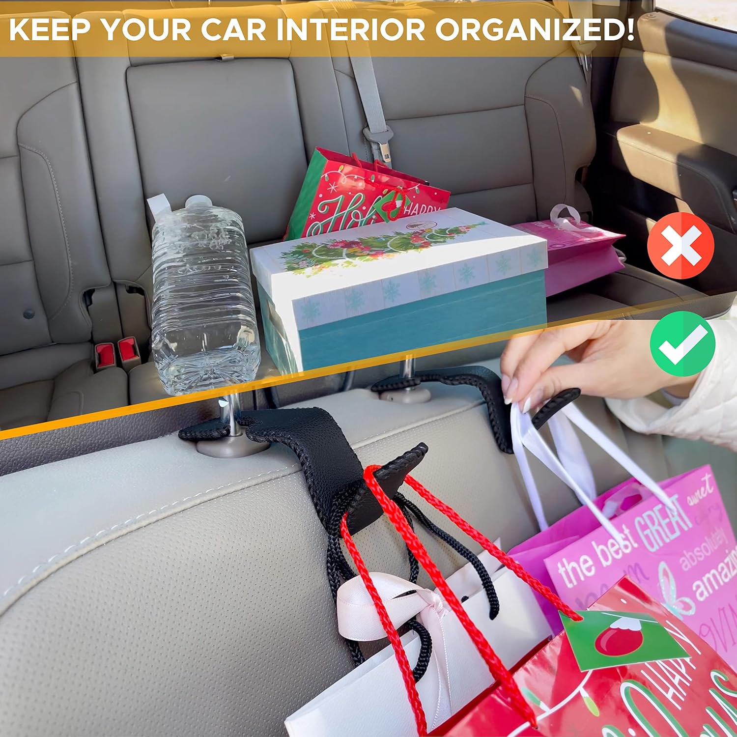 EcoNour Leather Car Seat Hooks (2 Pack Black) | Portable Bag Holder for Car to Keep Your Purse, Groceries & Handbags from Sliding Around | Headrest Hook with Crafted Stitches