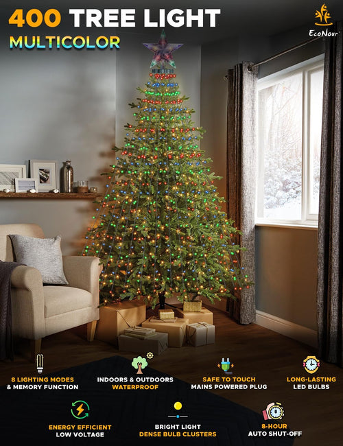 EcoNour 2m Cluster Tree Lights | 400 LED String Lights with Ring and 16 Garlands | 8 Modes LED String Lights for Christmas Trees (210cm & 240cm) | Multicolor Lights for Indoor and Outdoor Use