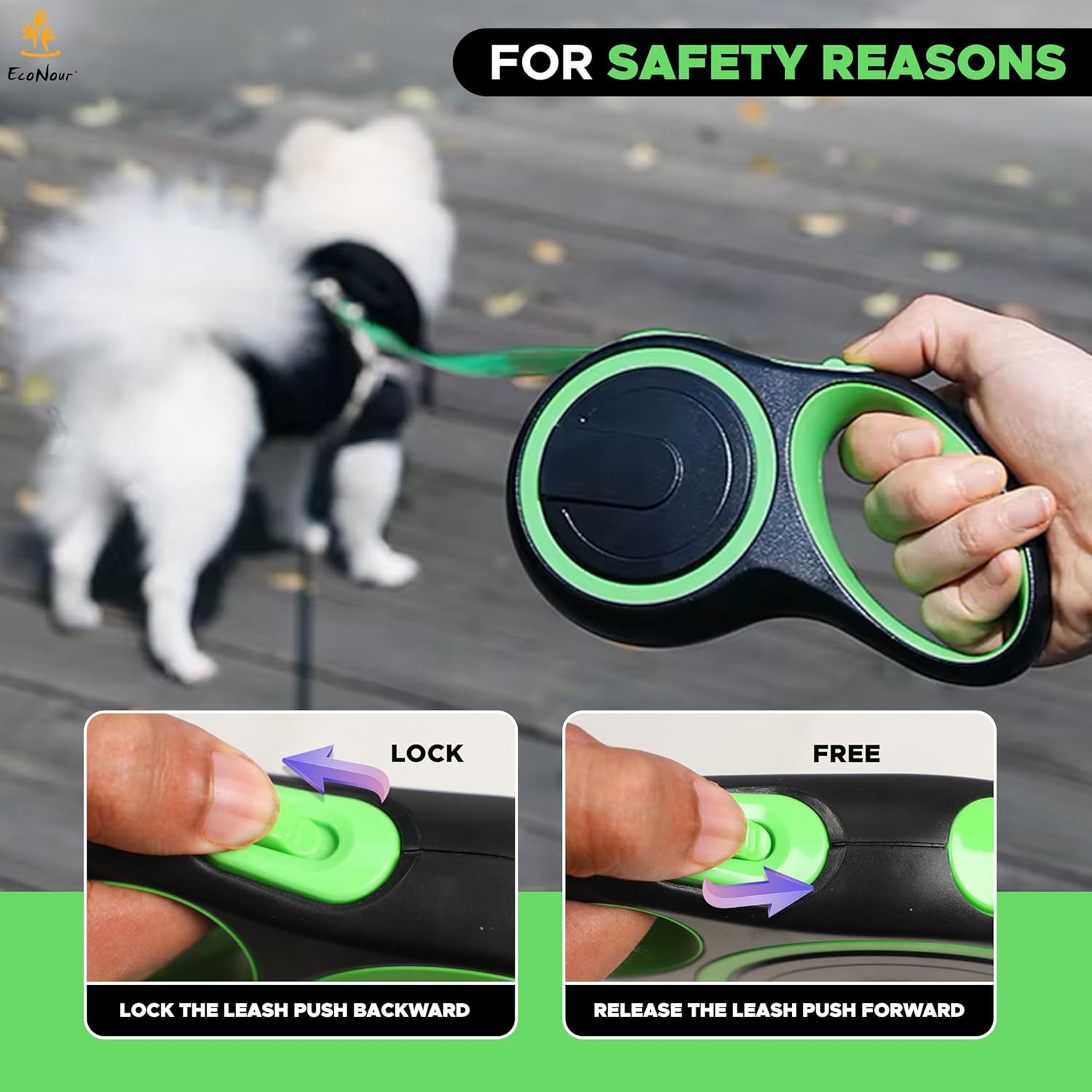 EcoNour 360° Tangle-Free Retractable Dog Leash | 5m Nylon Tape for Dogs Up to 20 Kg | Ergonomic Anti-Slip Handle | Durable Rust-Proof Swivel Hook | Easy One-Handed Break & Lock - Green